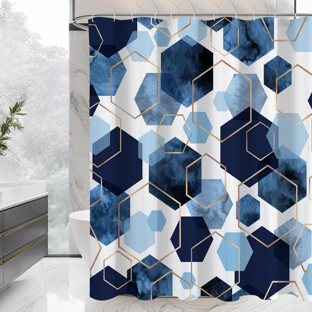 Litabel Blue Modern Shower Curtain For Bathroom, Geometric Art Decor Waterproof Bath Curtain, Abstract Fabric Shower Curtain Set
