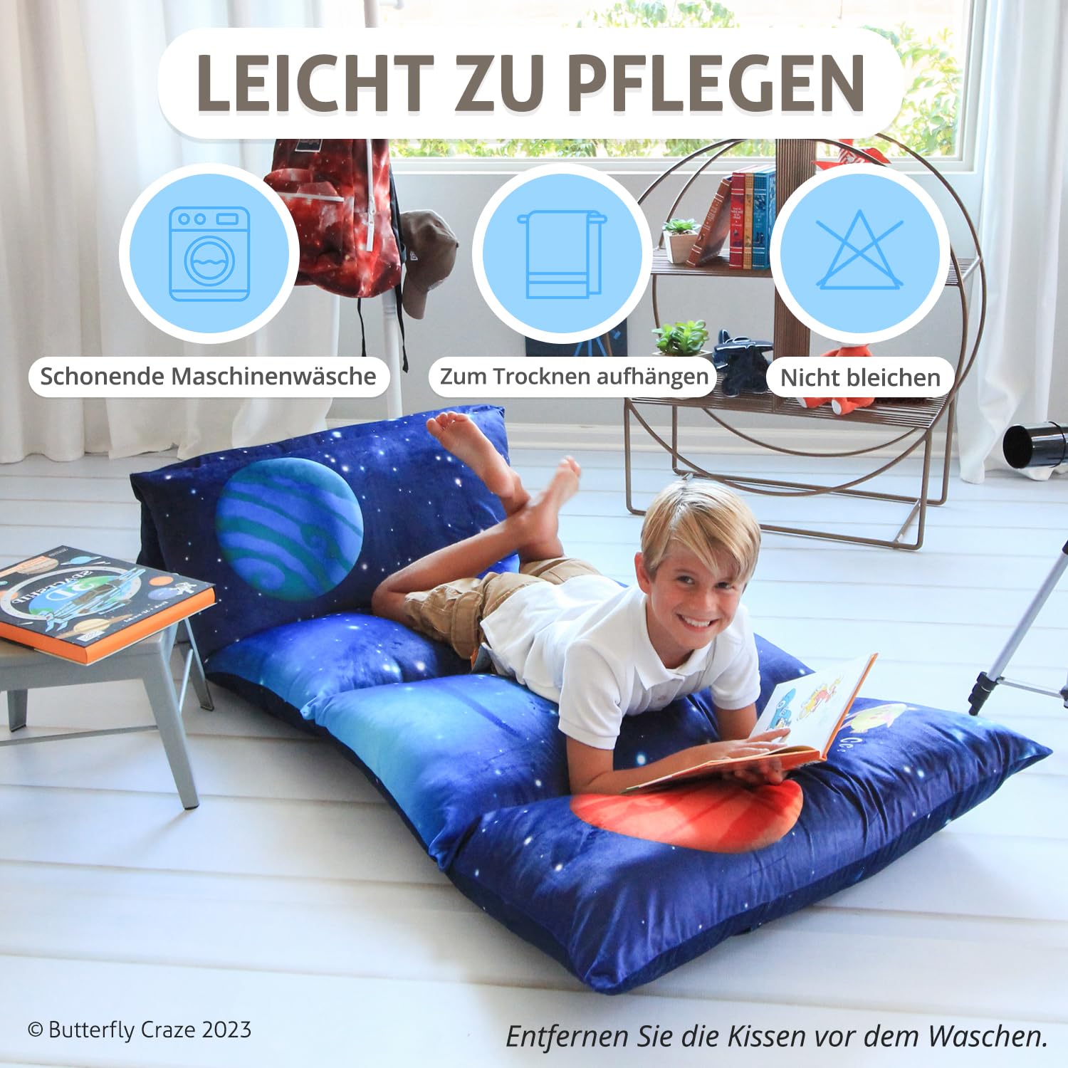 Butterfly Craze Floor Pillow Case, Mattress Bed Lounger Cover, Galaxy Blue, King Size - Cozy Seating Solution For Kids & Adults,