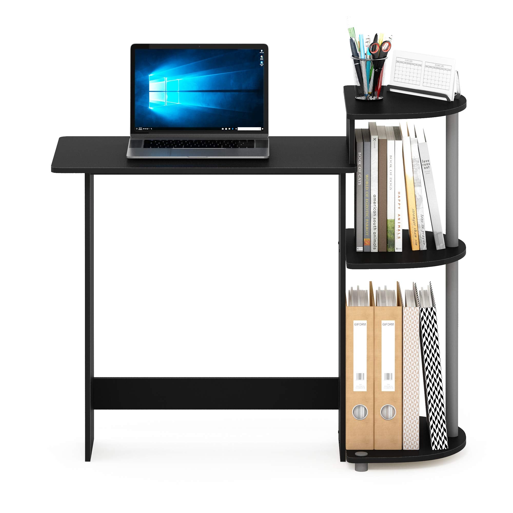 Furinno Compact Computer Desk with Shelves, Round Side, Black/Grey