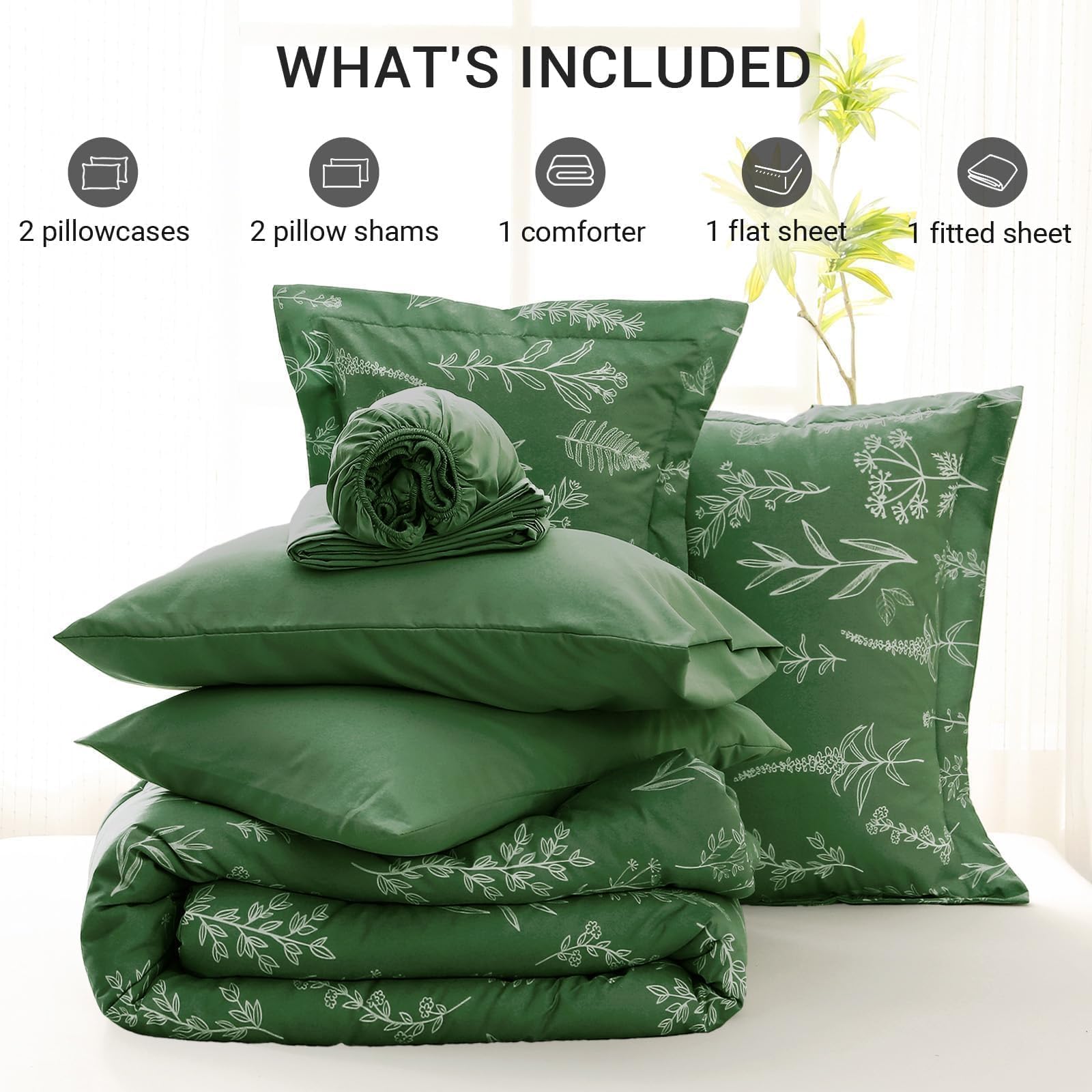 Muxhomo Dark Green Bed In A Bag Queen 7 Pieces, Queen Comforter Set Reversible Botanical Flowers Design, Ultra Soft & Breathable