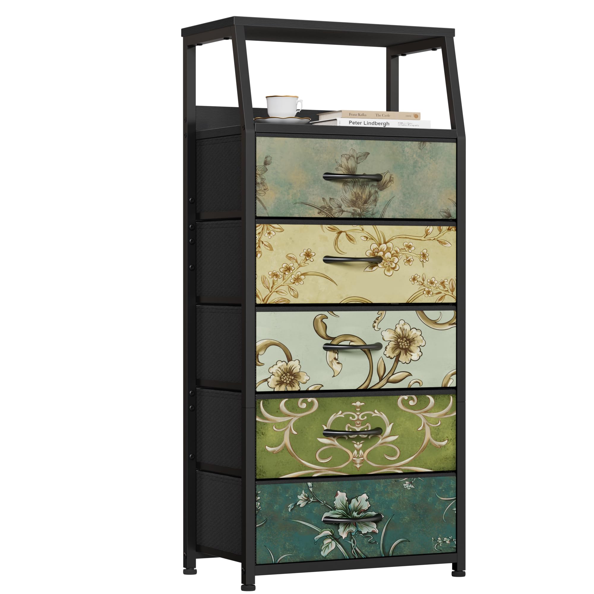 Furnulem Retro 5 Drawers Dresser, Tall Dresser For Bedroom, Closet, Hallway, Nursery, Fabric Storage Tower Dresser Organizer, Vertical Nightstand Side Table Furniture, Steel Frame, Wood Top