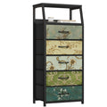 Furnulem Retro 5 Drawers Dresser, Tall Dresser For Bedroom, Closet, Hallway, Nursery, Fabric Storage Tower Dresser Organizer, Vertical Nightstand Side Table Furniture, Steel Frame, Wood Top