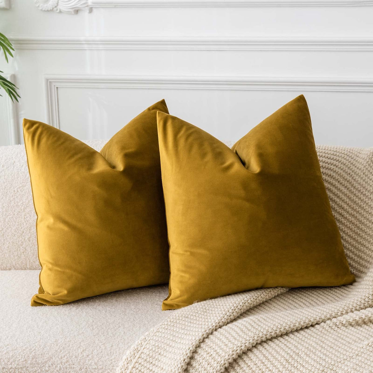 Juspurbet Mustard Yellow Velvet Throw Pillow Covers 16X16 Inches Set Of 2 With Zipper,Decorative Soft Solid Pillow Covers For Co