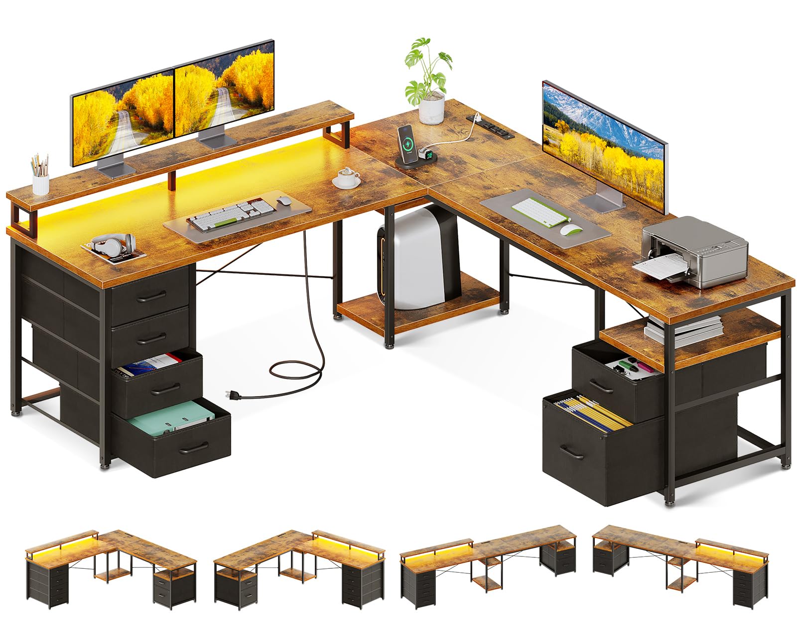 Aodk 66' L Shaped Computer Desk, 113“ Reversible Home Office Desk With File Cabinet & 4 Fabric Drawers, Two Person Desk With Led Lights & Power Outlet, Corner Gaming Desk With Monitor Shelf, Vintage
