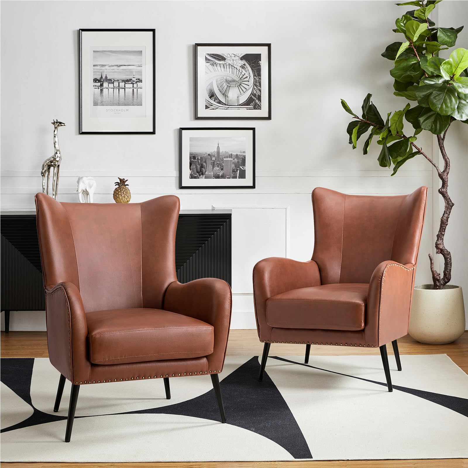 Hulala Home Faux Leather Accent Chair Set Of 2 W/Removable Cushion, Comfy Upholstered Armchair With Metal Legs & Nailhead Trim W
