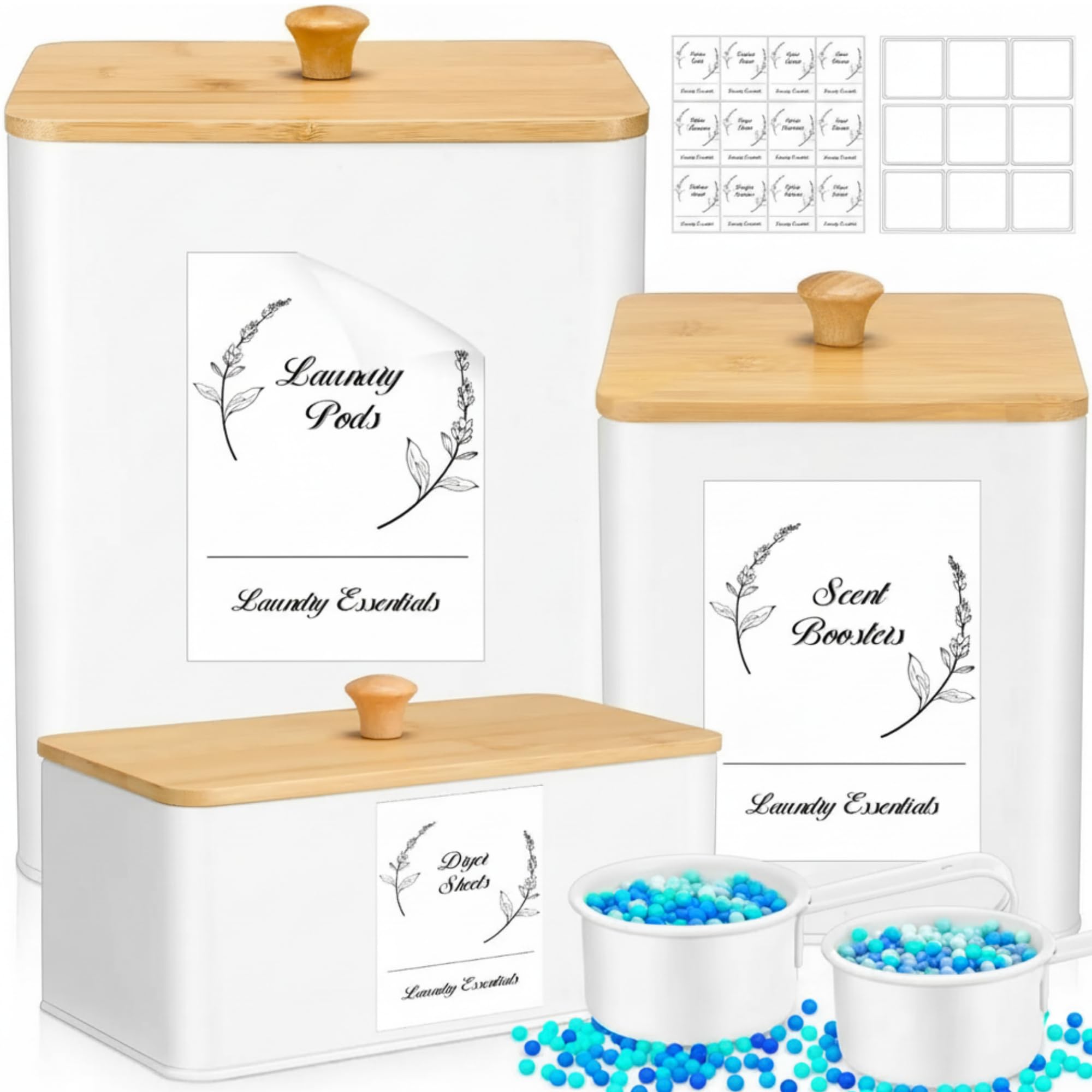 Vesici 3 Pcs Metal Laundry Pod Container 2 Pcs Scoops Dryer Sheet Holder Laundry Room Organizer Storage Jar with Airtight Wood L