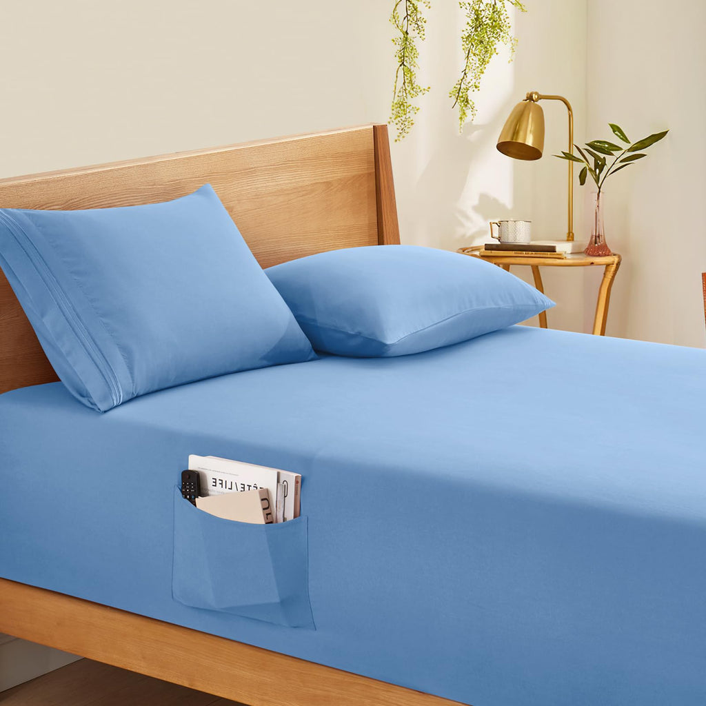 Horbaunal Extra Deep Pocket King Fitted Sheet Only - Fits Up To 24 Inch Mattress - Luxury 1800 Thread Count - Microfiber Blue Fi