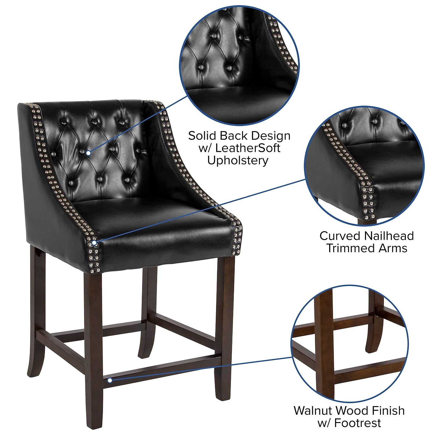 Flash Furniture Carmel Series 24' High Transitional Tufted Walnut Counter Height Stool With Accent Nail Trim In Black Leathersoft