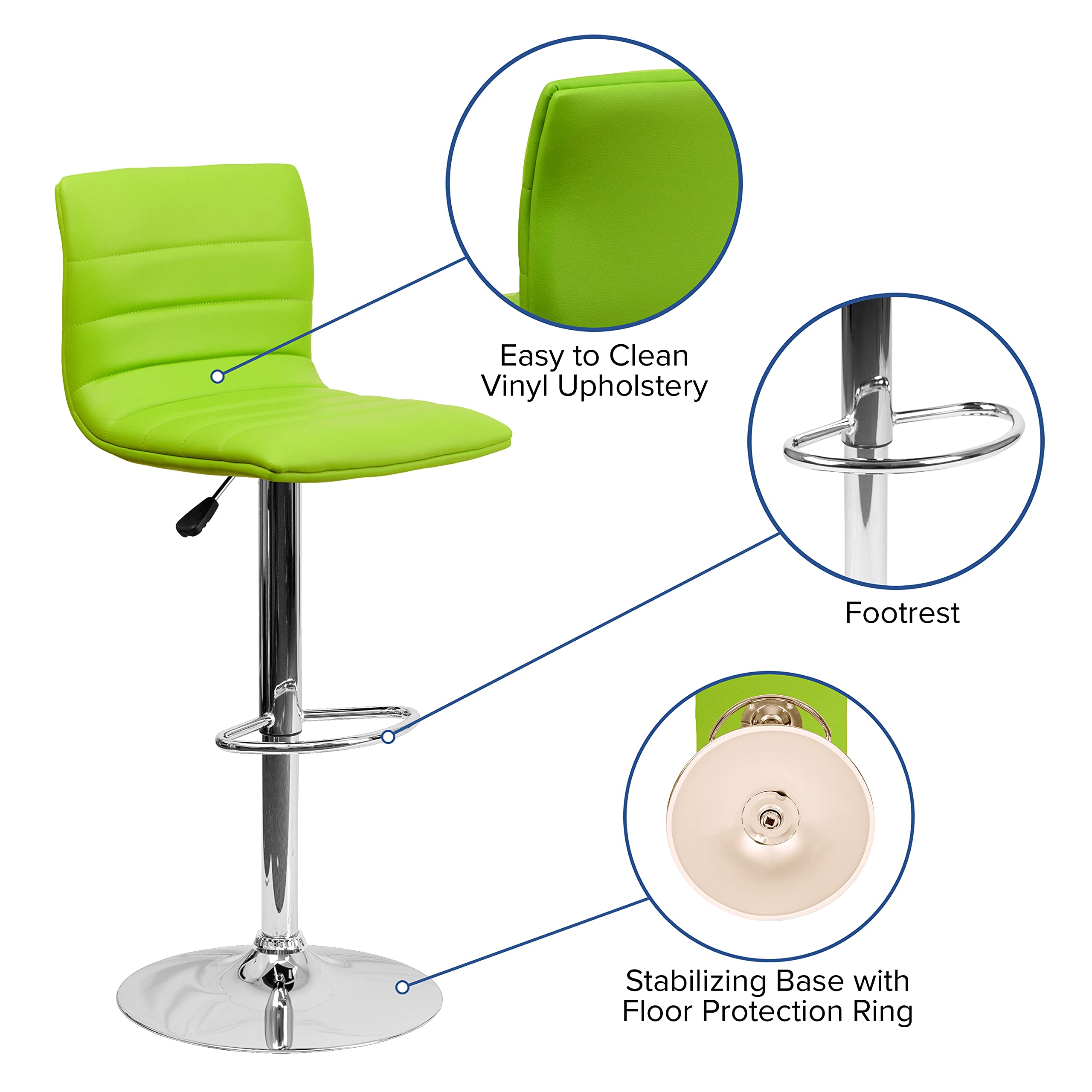Flash Furniture Vincent Modern Green Vinyl Adjustable Bar Stool with Back, Swivel Stool with Chrome-Pedestal Base and Footrest