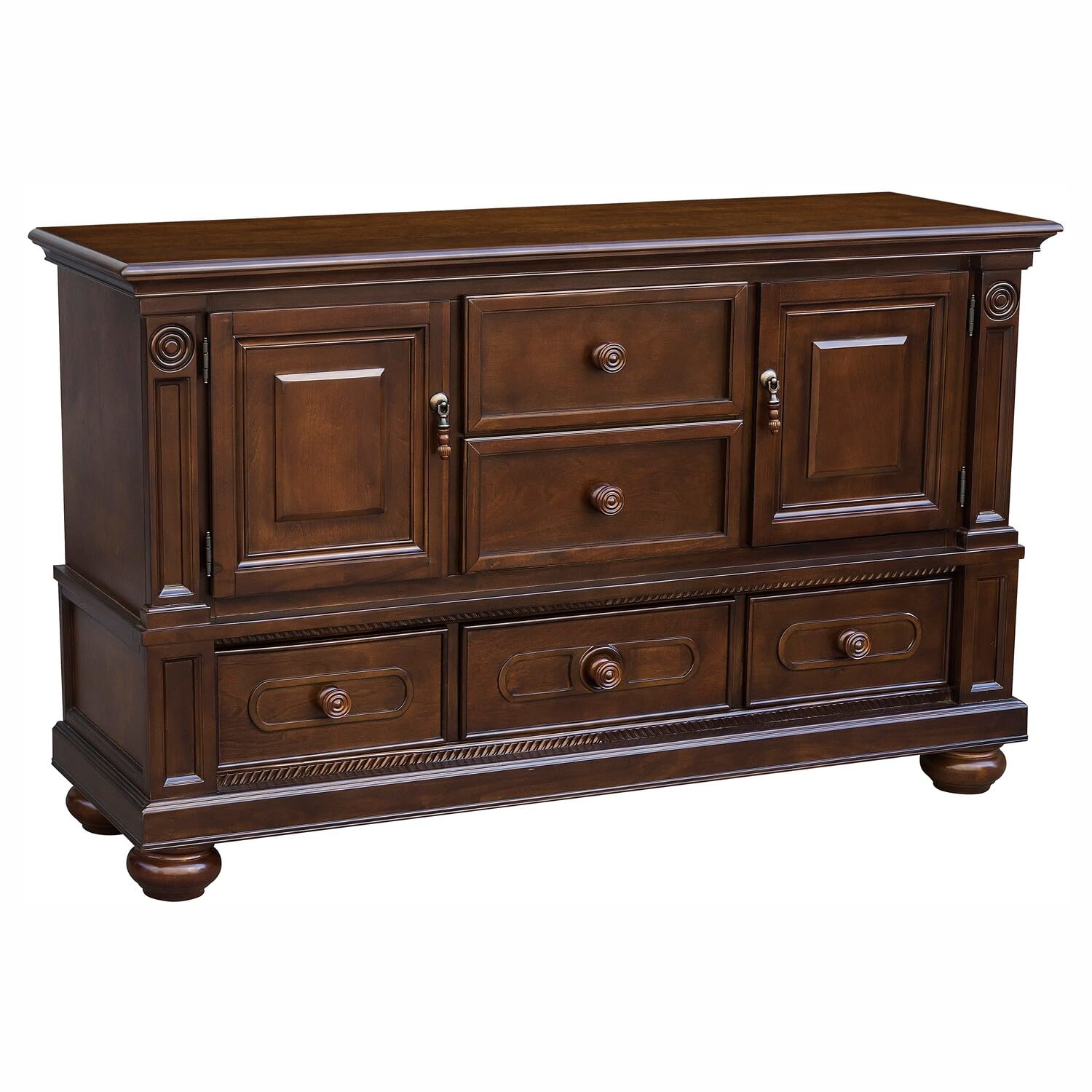 Benjara Traditional 2 Cabinets Wooden Buffet with Molded Details and Bun Feet, Brown