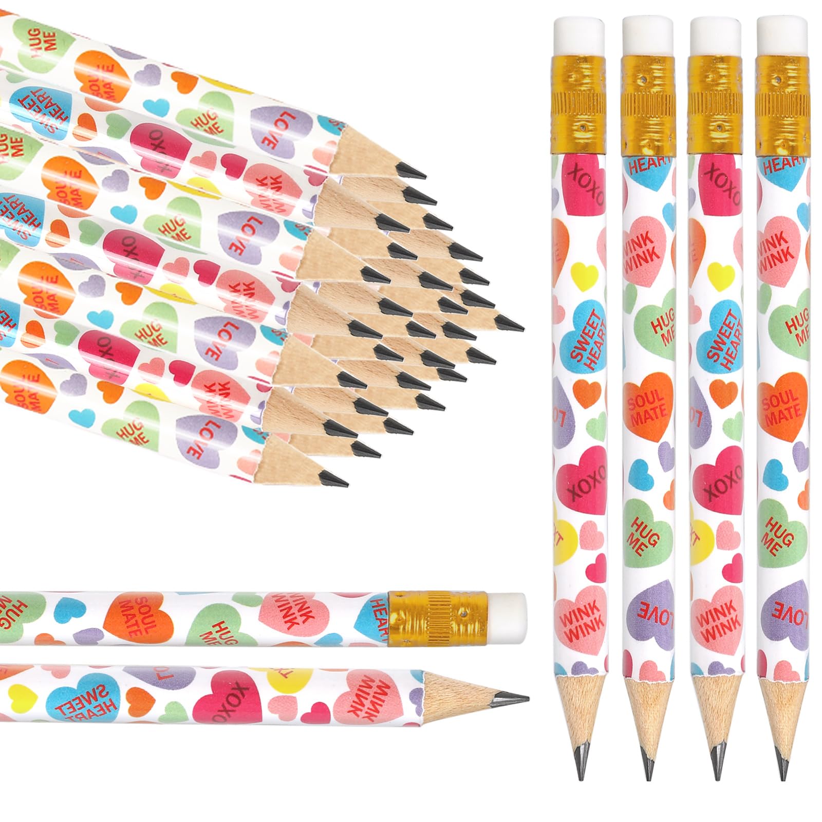 Jarthenaamcs 50Pcs Valentine'S Day Short Pencil With Erasers 4 Inch Conversation Heart Writing Pencils 2 Styles Colorful Wood Ha