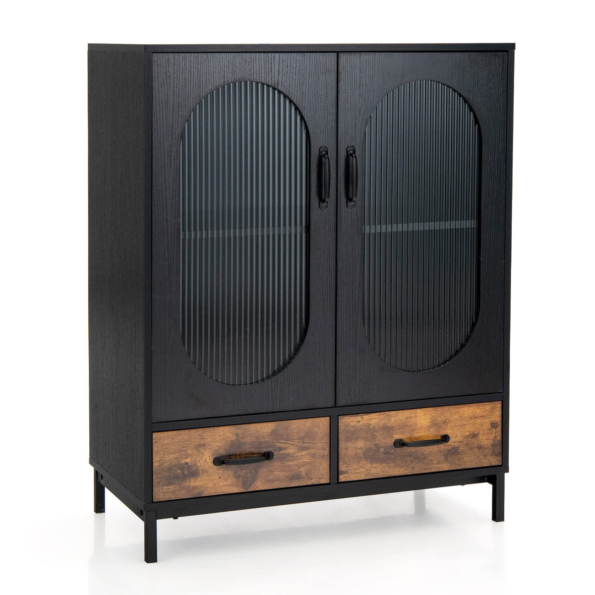 Giantex Buffet Cabinet With 2 Drawers, Wooden Sideboard, Standing 2-Tier Cupboard W/Tempered Glass Doors, Industrial Multifunctional Storage Cabinet For Kitchen Living Room Coffee Bar (Black & Brown)