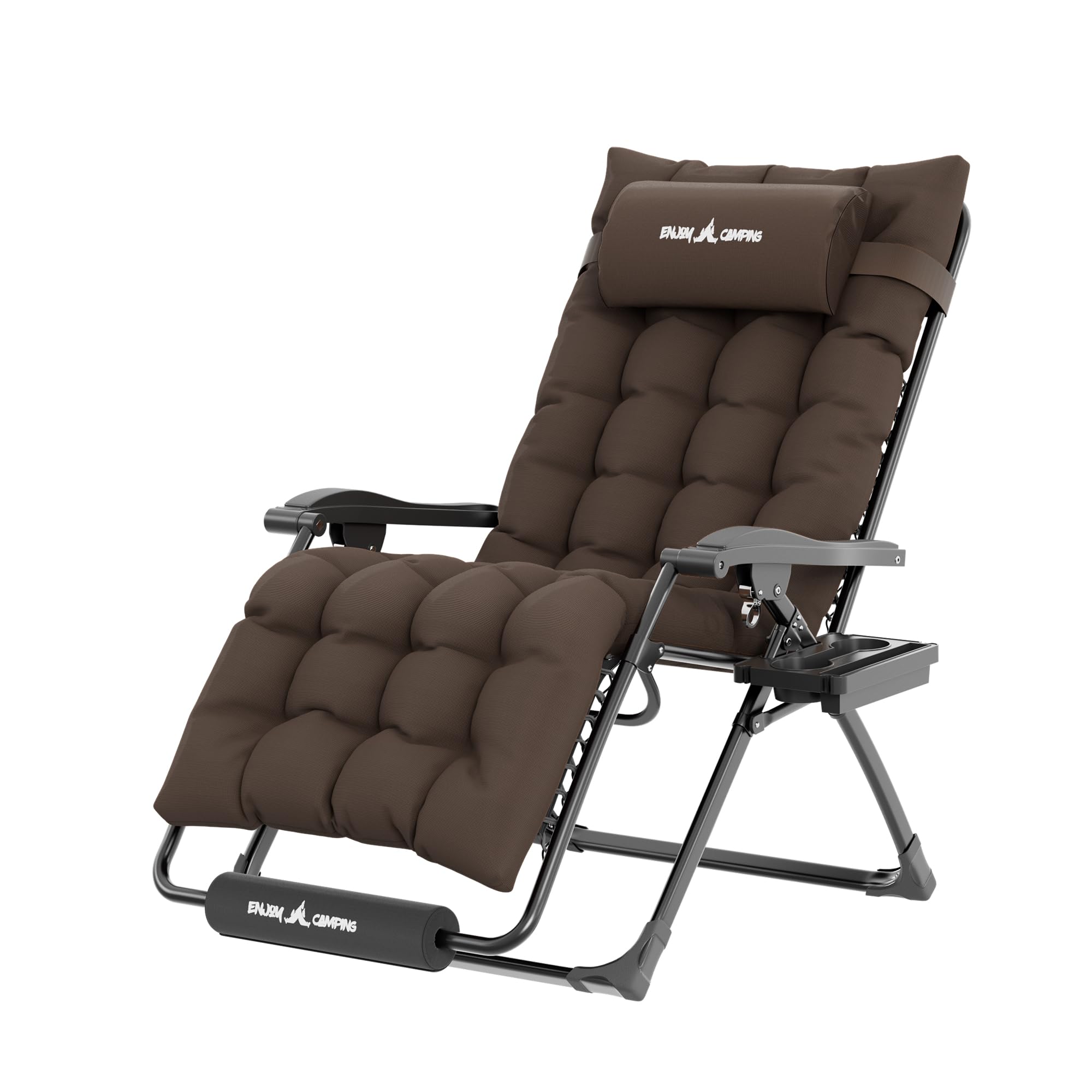Udpatio Oversized Zero Gravity Chair 29In Xl Patio Reclining Chair With Cushion, Outdoor Folding Recliner With Pillows|Cup Holder|Foot Rest|Padded Headrest, Brown Grey, Support 500Lb