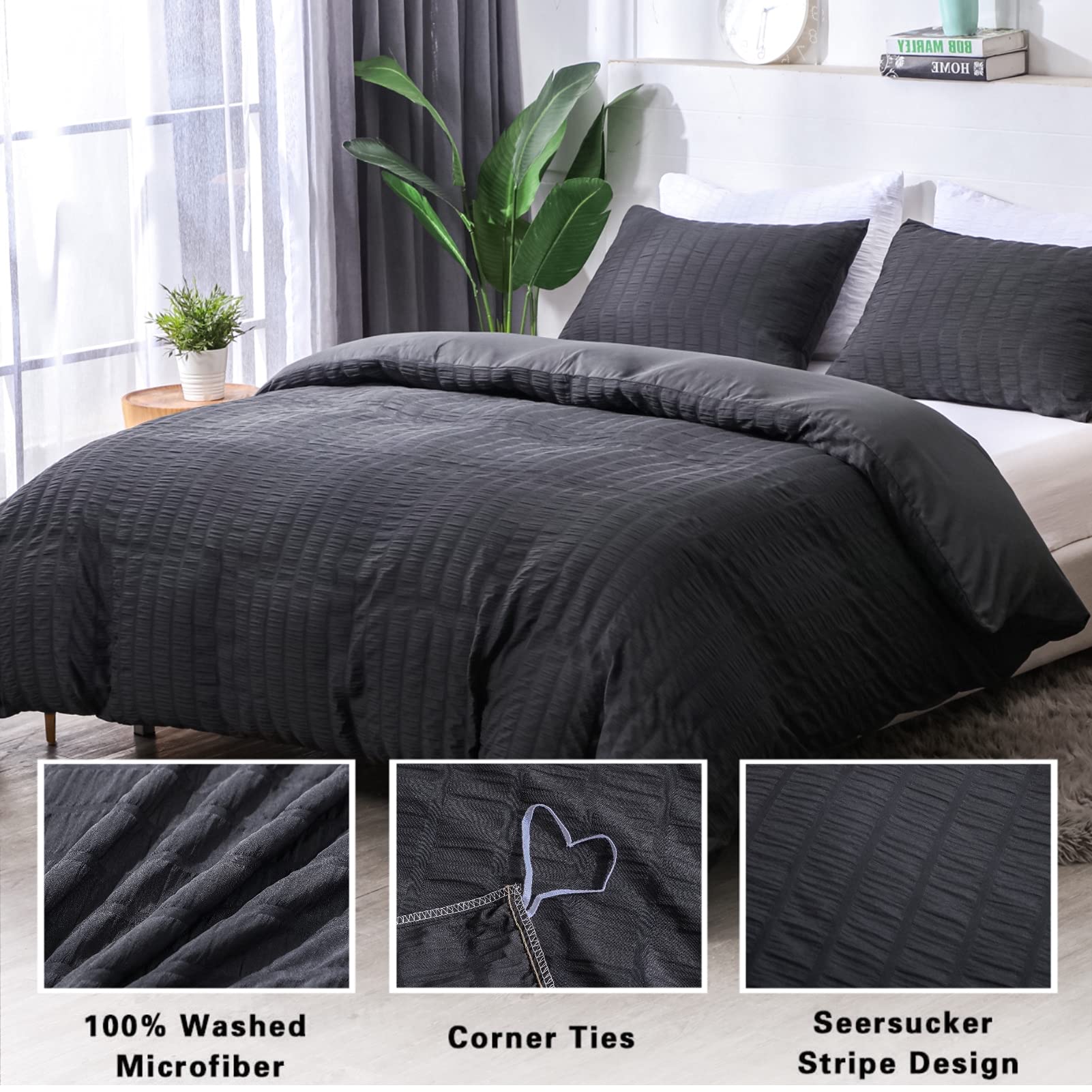 Avelom Seersucker Duvet Cover Set Queen Size (90 X 90 Inches), 3 Pieces (1 Duvet Cover + 2 Pillow Cases), Black Ultra Soft Washed Microfiber, Textured Duvet Cover With Zipper Closure, Corner Ties
