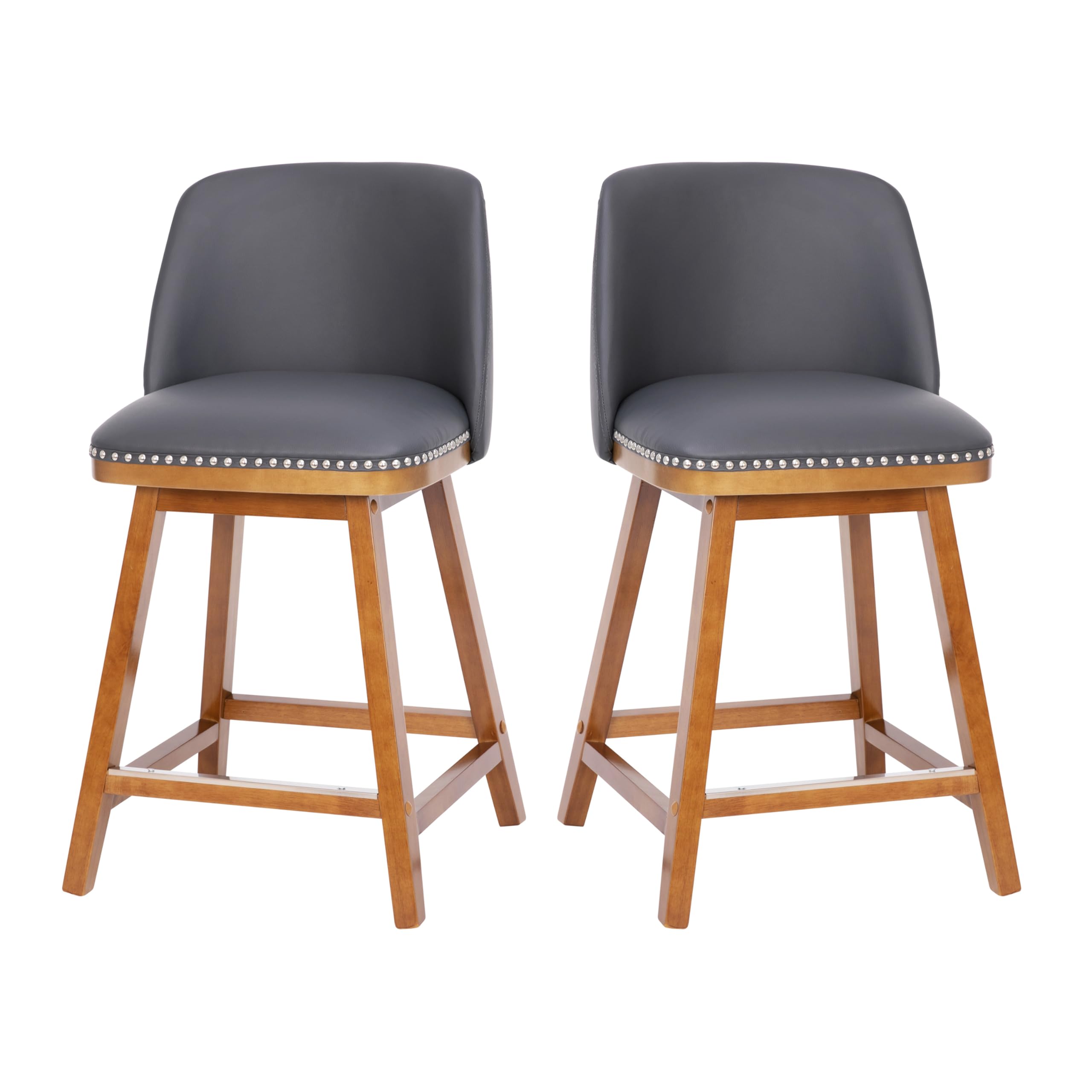 Flash Furniture Julia Set of 2 Transitional Bar Stools - Charcoal Faux Linen Upholstery - Silver Nailhead Trim - 30 Inch - Walnu