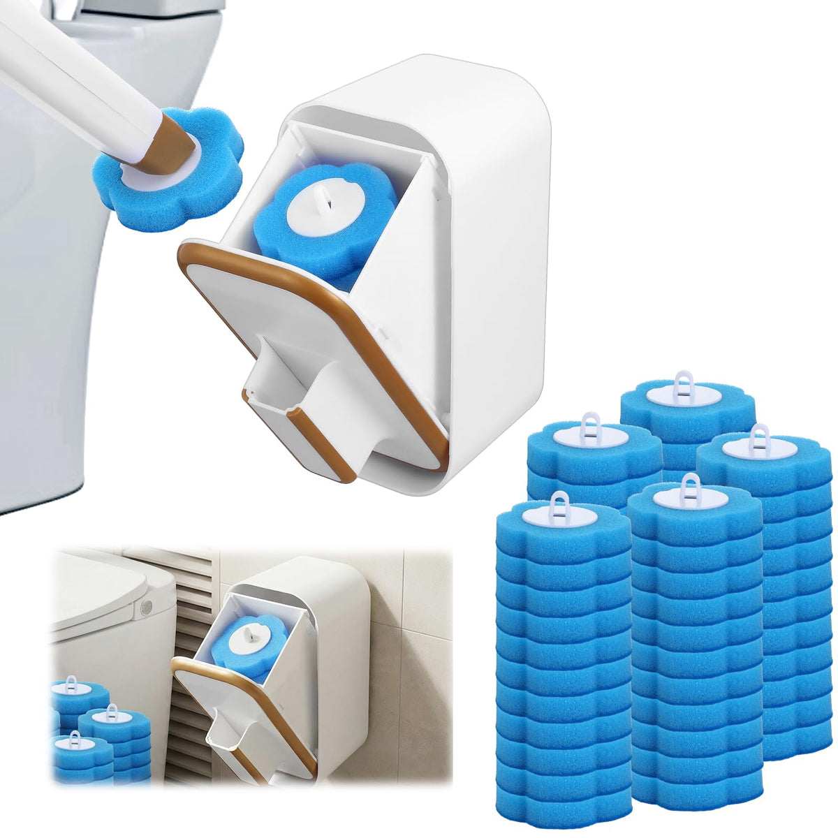 Disposable Toilet Brush with 54 Pcs Refill Heads and Holder Includes Storage Caddy&Toilet Bowl Wand, WallMount Scrubbing Toile