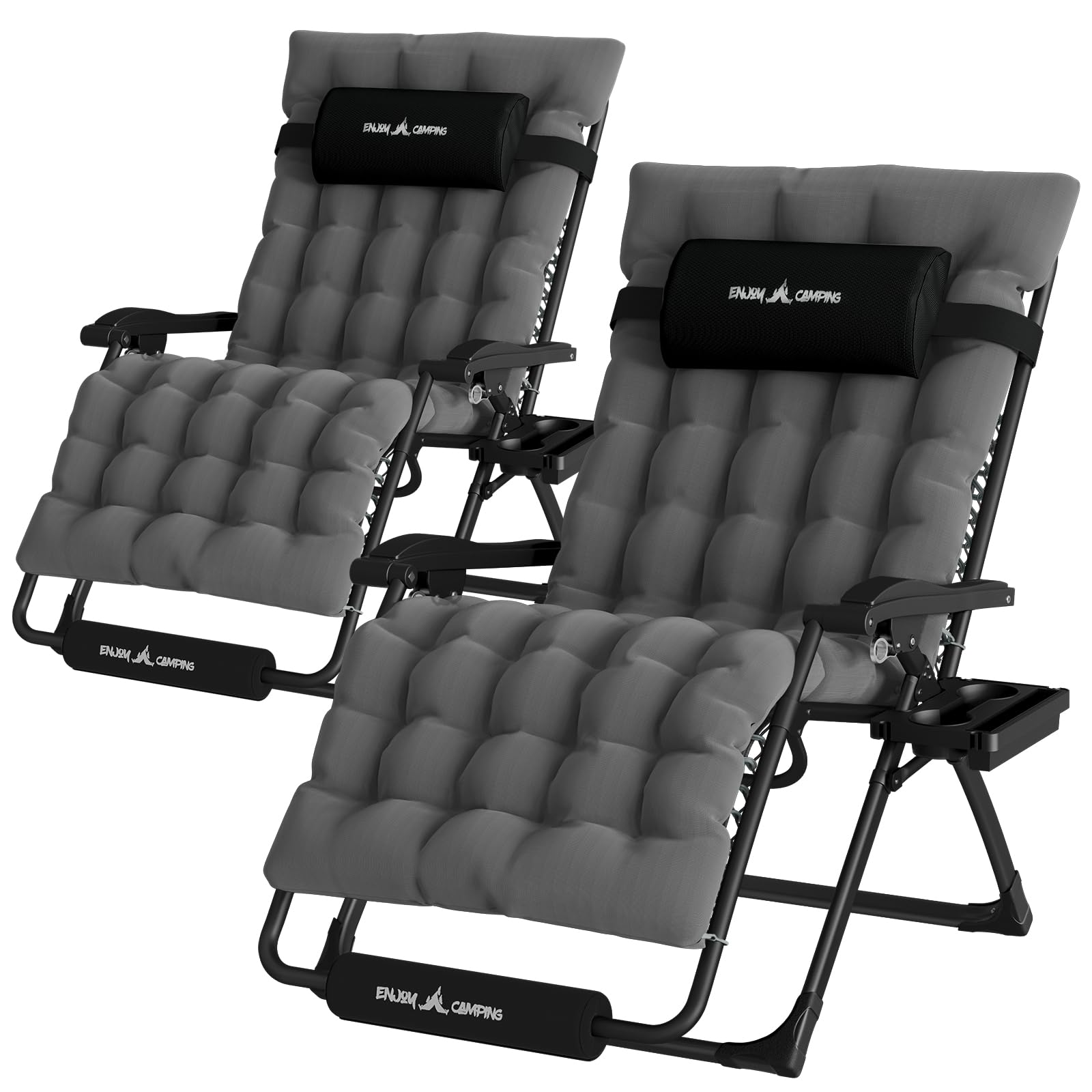 Udpatio Oversized Zero Gravity Chair Set Of 2, 33In Xxl Patio Reclining Chair With Cushion, Outdoor Folding Recliner With Pillows|Cup Holder|Foot Rest|Padded Headrest, Dark Grey, Support 502Lb