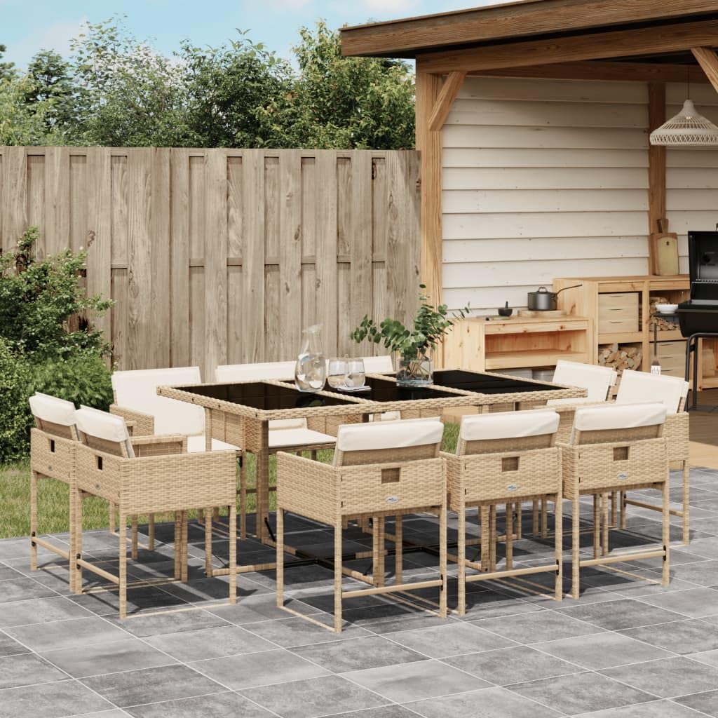vidaXL 11-Piece Patio Dining Set with Cushions - Beige PE Rattan Includes Table and 10 Chairs, Weather-Resistant Material, Tempered Glass Top for Outdoor, Garden, Backyard or Deck