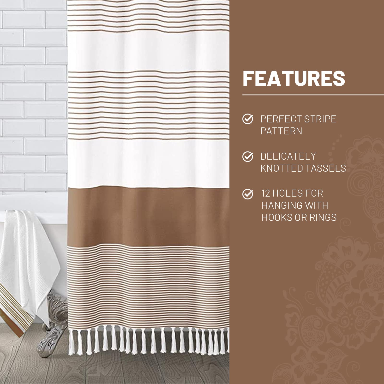 Awellife Khaki Shower Curtain For Bathroom Stripe Tassel Shower Curtain 72 X 72 Inches Apricot Farmhouse Linen