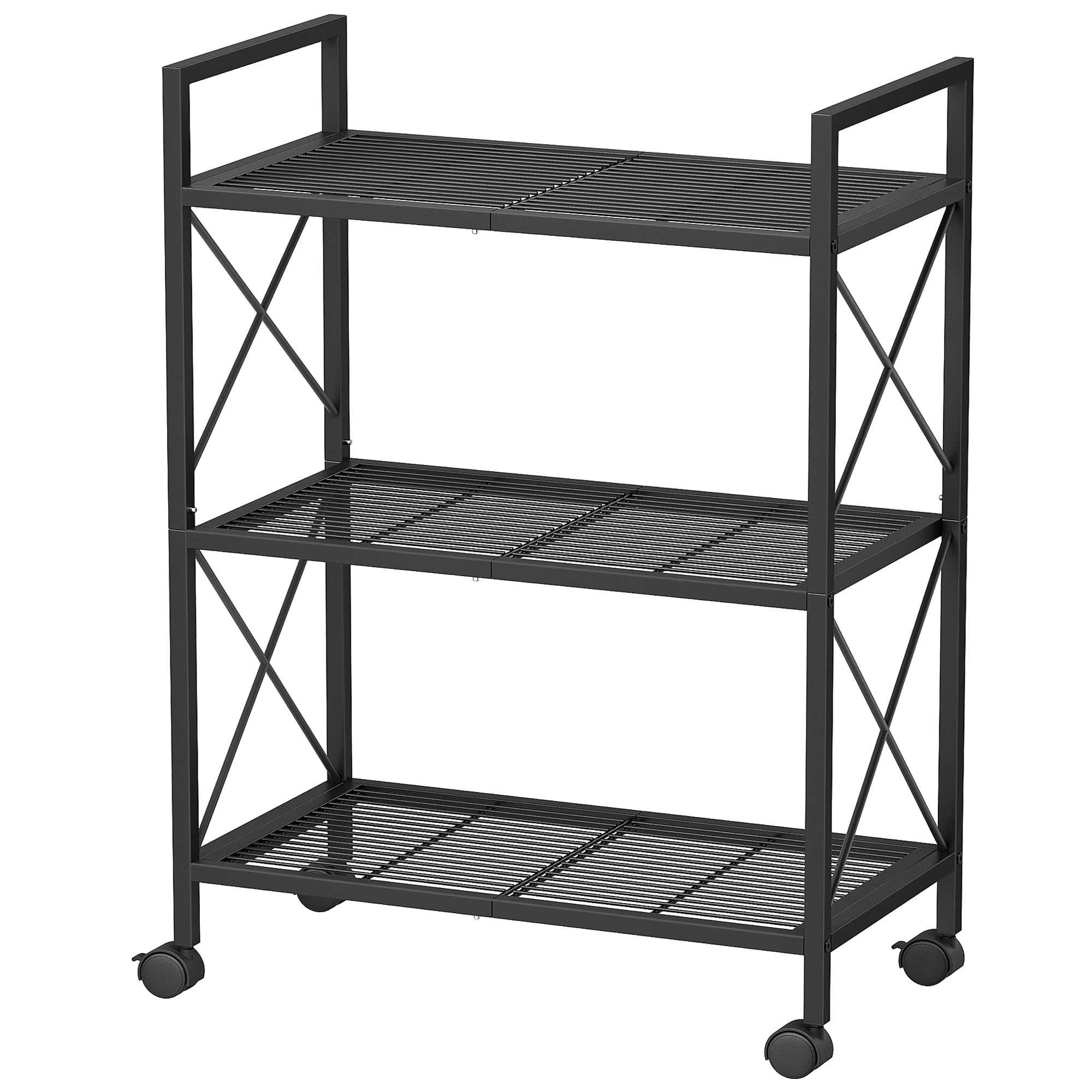 Songmics 3-Tier Metal Storage Rack With Wheels, Mesh Shelving Unit With X Side Frames, 23.6-Inch Width, For Entryway, Kitchen, Living Room, Bathroom, Industrial Style, Black Ubsc163B01