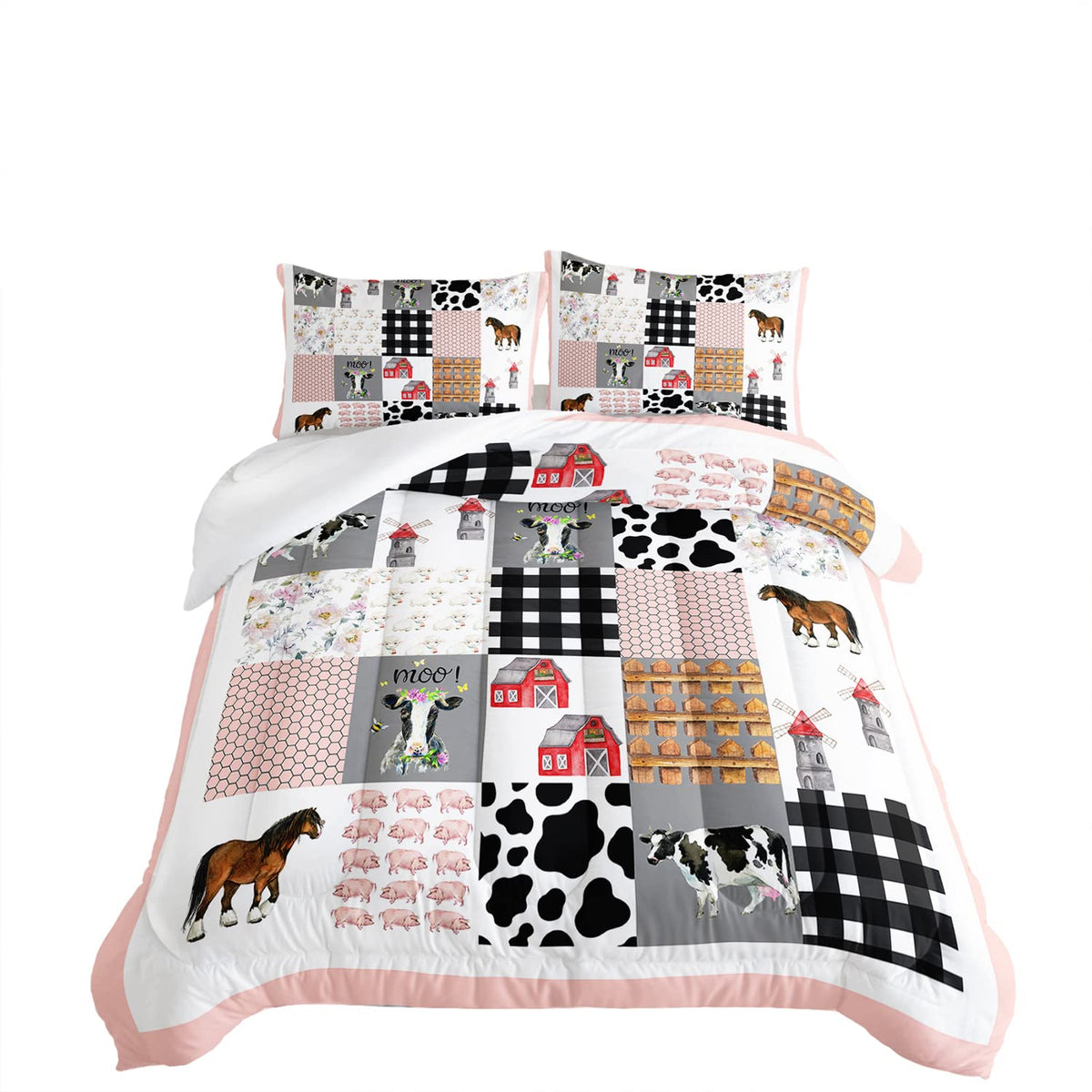 Hosima Cow Bedding Set,Farmhouse Comforter Western Country Style Room Decor Aesthetic,Cute Cartoon Farm Animal Pig Cow Horse Twi