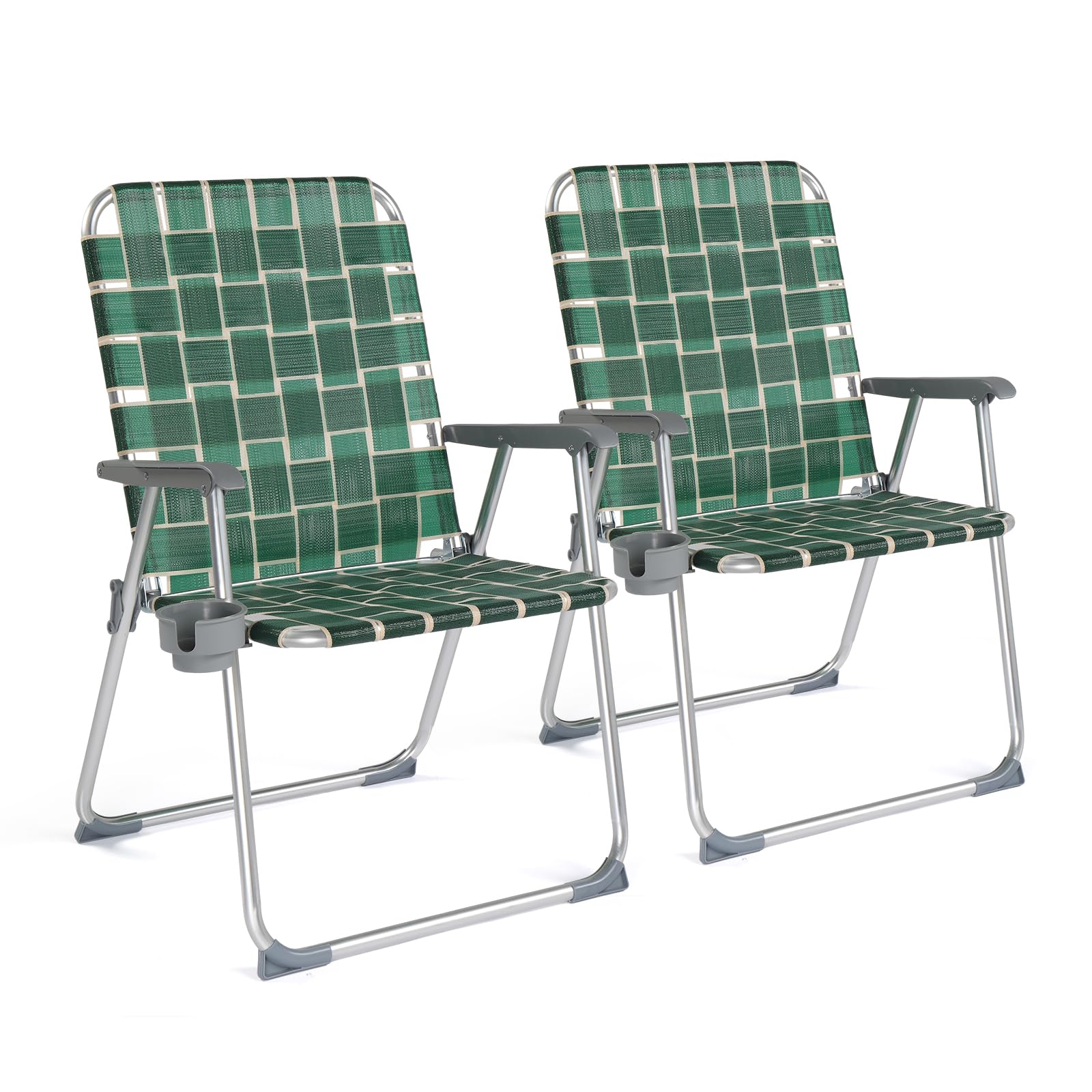 VINGLI Folding Webbed Oversized Lawn Chairs with Detachable Cup Holder, 300 LBS High Beach Chair for Adults Heavy Duty, Portable