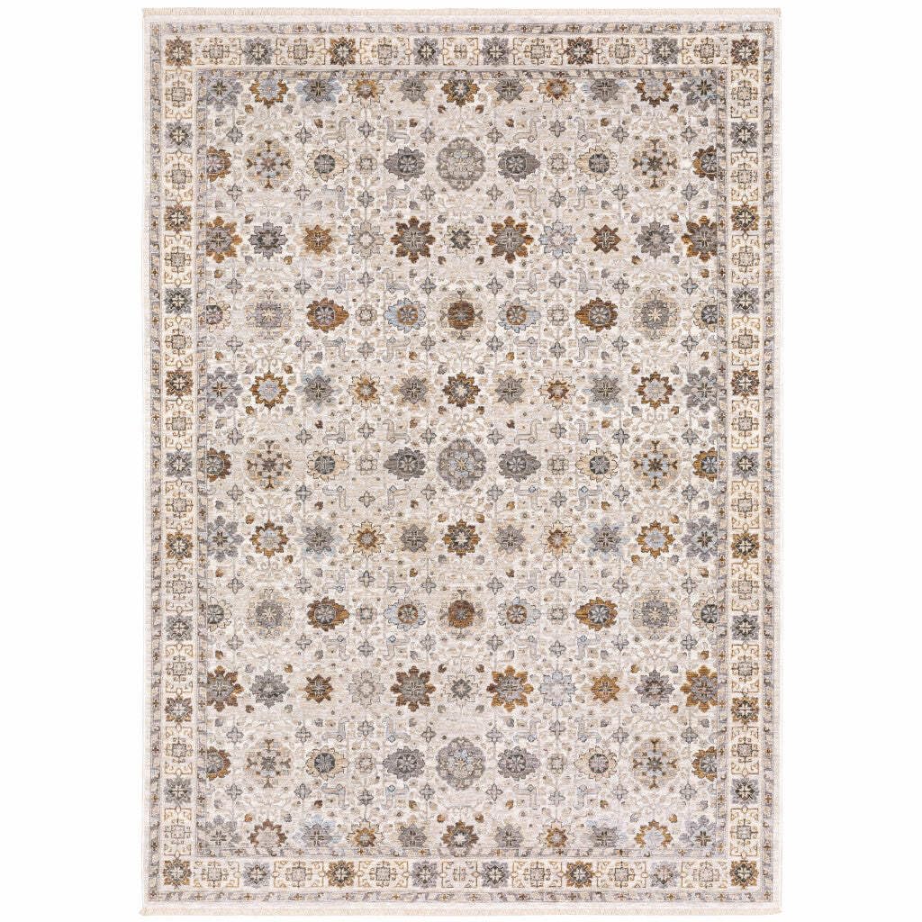 HomeRoots 509448 10 x 13 ft. Ivory & Gold Oriental Power Loom Stain Resistant Rectangle Area Rug with Fringe