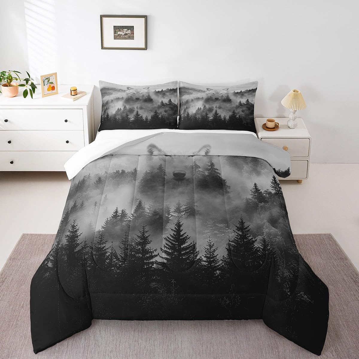 Castle Fairy Wolf Printed Full Size Comforter Set,Misty Style Bedding Set For Adults Teens,Children Wolf Silhouette Comforter Lu