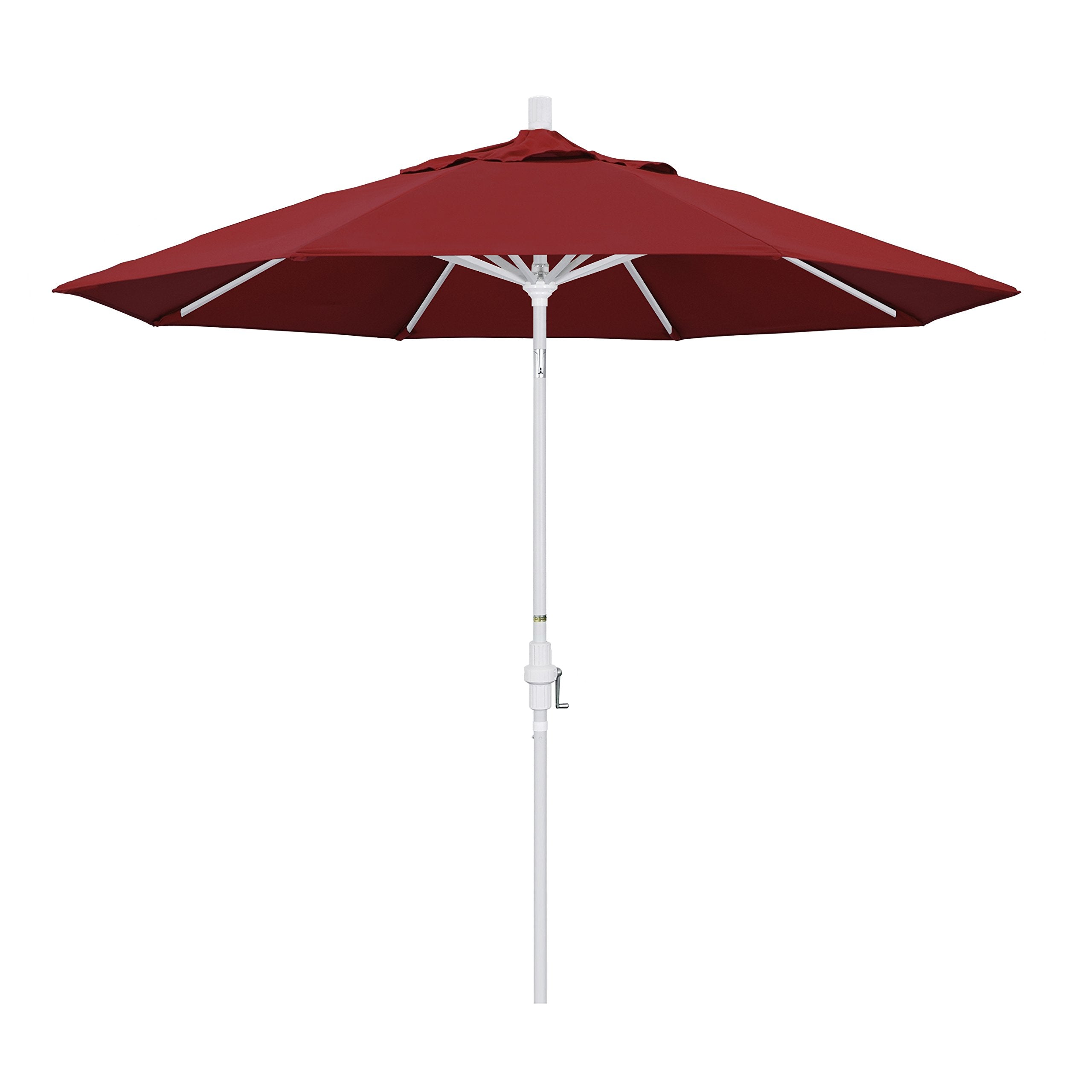 California Umbrella 9' Round Aluminum Market Umbrella, Crank Lift, Collar Tilt, White Pole, Pacifica Red