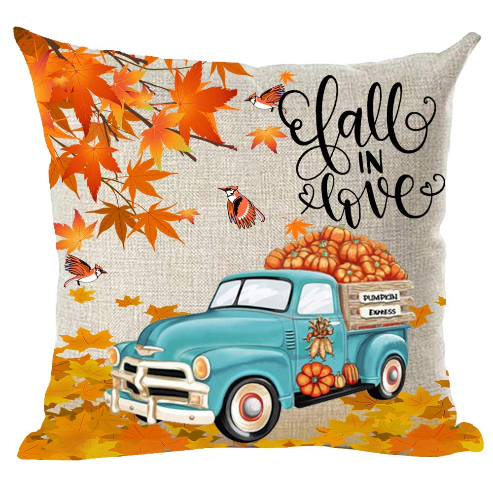 Ramirar Fall In Love Blue Pickup Truck Orange Pumpkins Maple Leaves Birds Autumn Y'All Decorative Throw Pillow Cover Case Home L