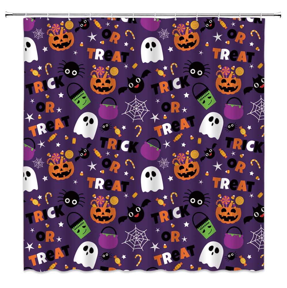 Halloween Shower Curtain Funny Ghost Pumpkin Treat or Trick Sugar Spider Bat Cartoon Halloween Things Happy Holiday Spooky Fabri