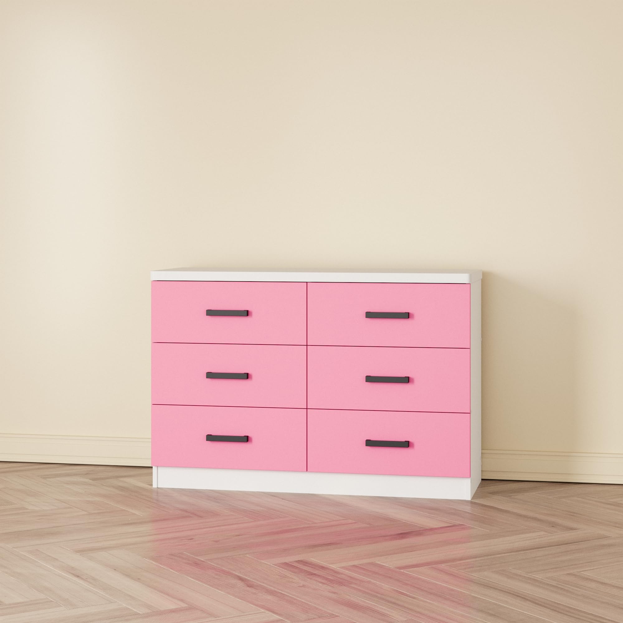Woodpeckers Furniture And Mattress Double Dresser 6 Drawer DD (White & Pink)