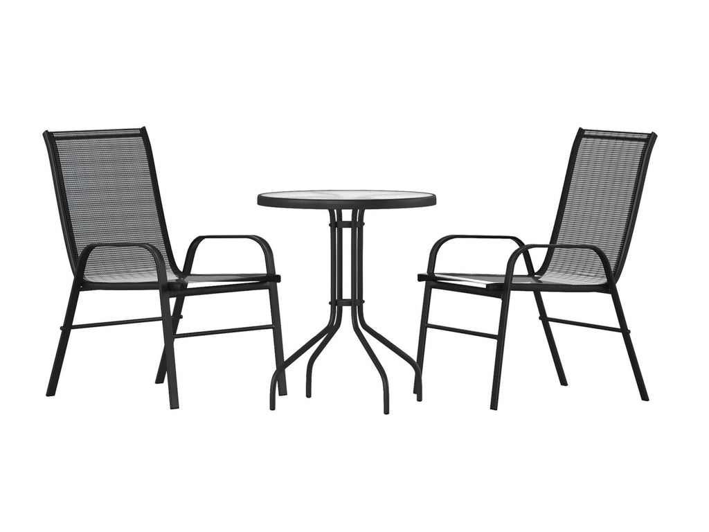 Flash Furniture 2 Flex Comfort Stack Chairs, 23.75" Round Tempered Glass Patio Table, Black