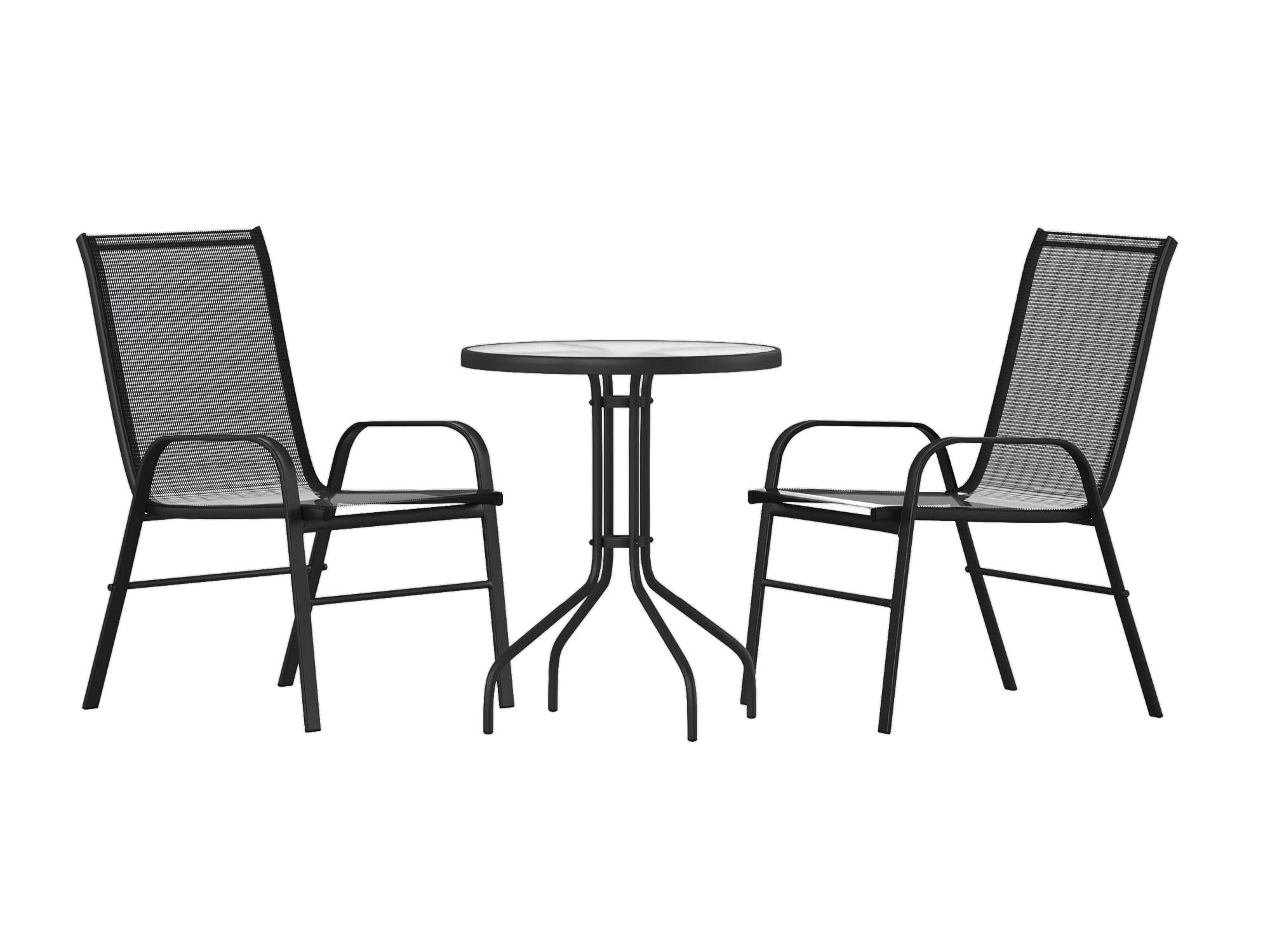 Flash Furniture 2 Flex Comfort Stack Chairs, 23.75" Round Tempered Glass Patio Table, Black