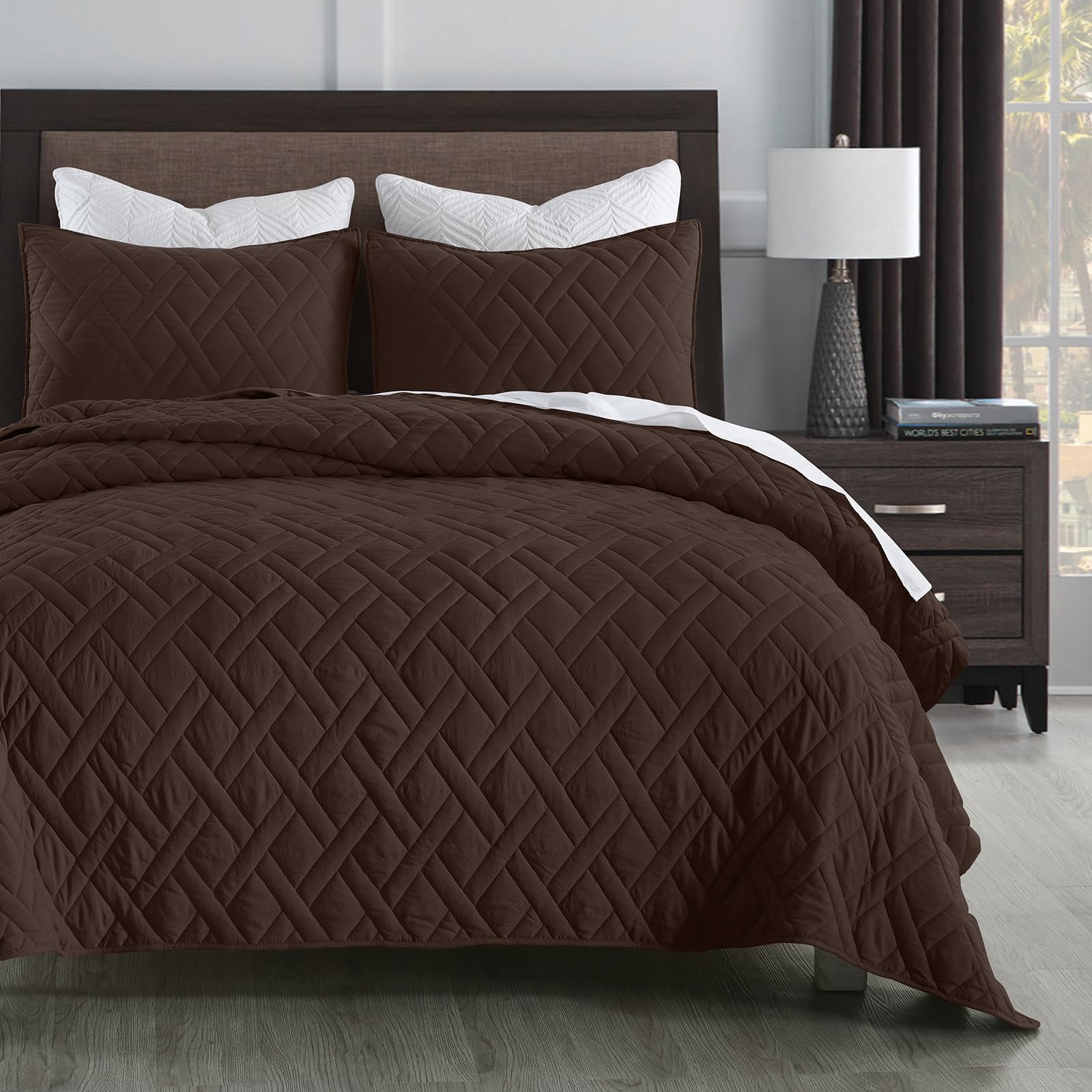 Horimote Home Quilt Set Twin Size Chocolate, Classic Geometric Diamond Stitched Pattern, Ultra Soft Microfiber Lightweight Beddi