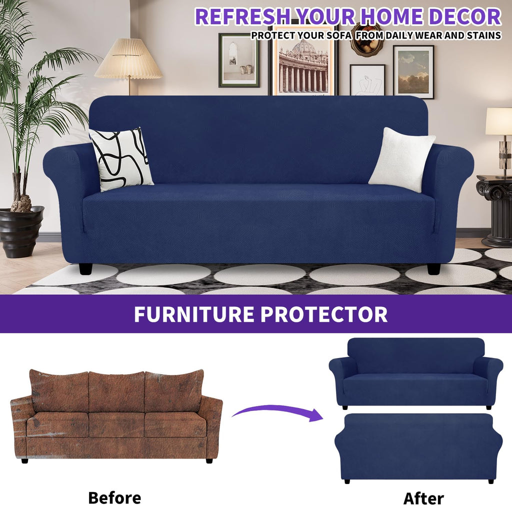Znsayotx Super Stretch Couch Cover (71'-91'), New Striped Sofa Covers Fitted Slipcovers With Elastic Bottom, Dog Cat Pets Proof Spandex Fabric Comfortable & Durable (Navy Blue, Sofa)