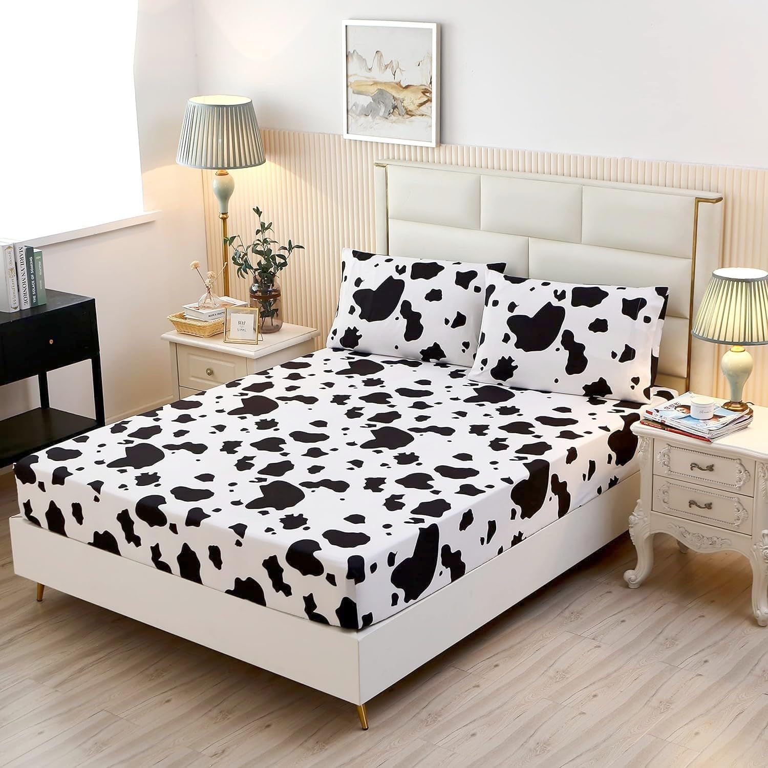 Sdy 3Pcs Milk Cow Print Stuff Bedding Fitted Sheet Set Full Size, Cartoon Cow Pattern Fitted Sheet With Deep Pocket And 2 Pillow