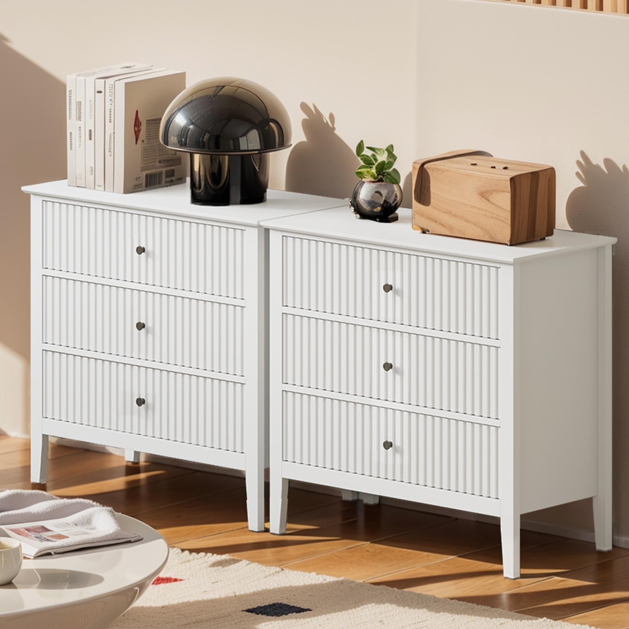 May in Color Large White Fluted 3 Drawer Dresser Set of 2, Chest of Drawers with Ball Bearing Slide Modern 30 inch Tall Wood Nig