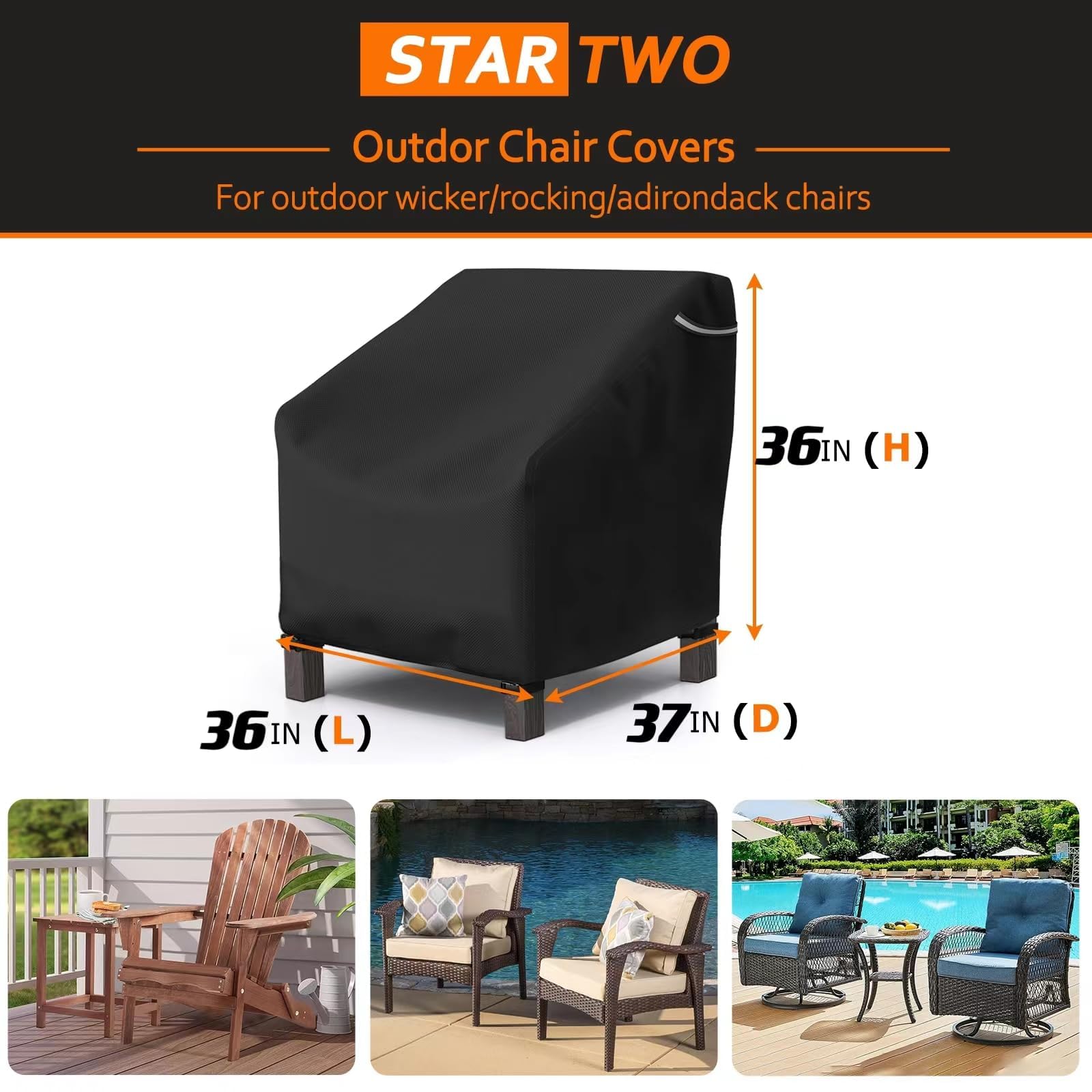 Startwo Patio Chair Covers 2 Pack Outdoor Furniture Covers Waterproof Fit For 36' W X 37' D X 36' H, Lounge Deep Seat Cover, Heavy Duty Chair Covers For Lawn Furnitures, Black