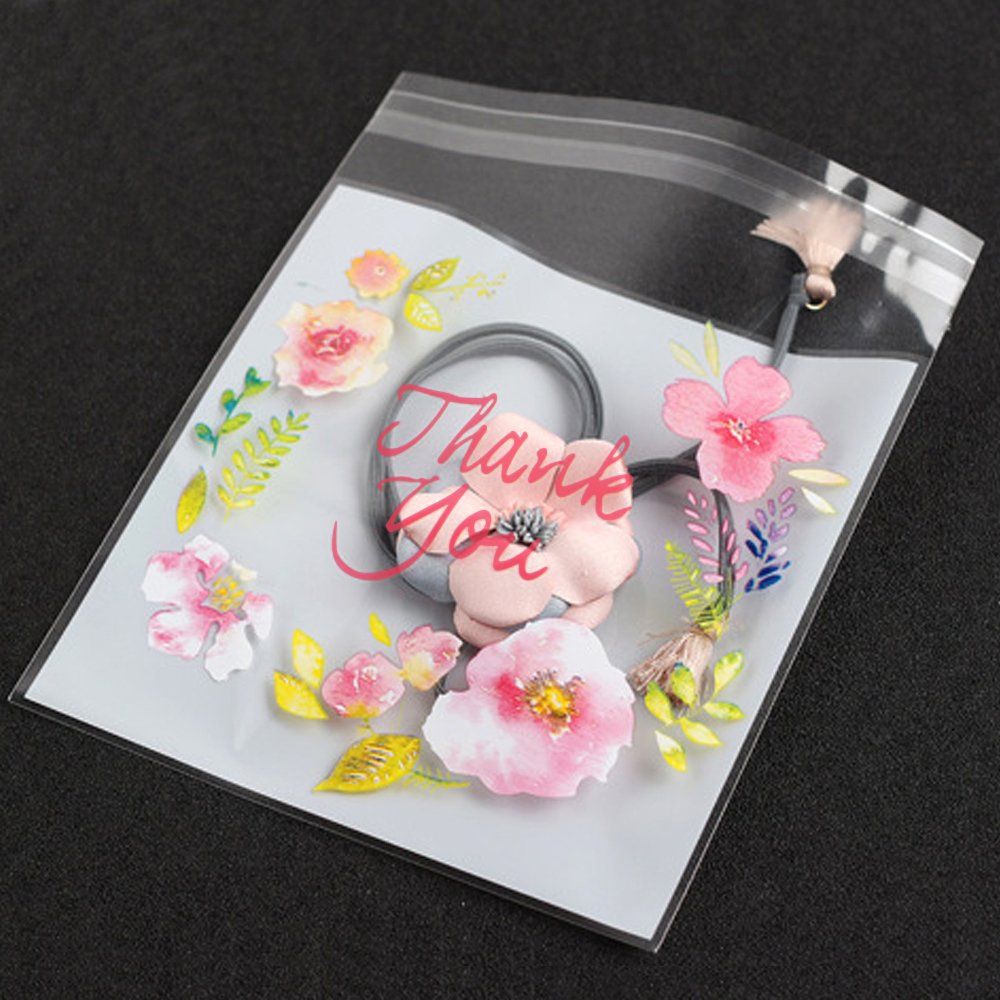 300Pcs Thank You Printed Plastic Bags Pink Flower Opp Self Adhesive Cookie Mini Candy Packaging Biscuit Roasting Diy Gift Favor