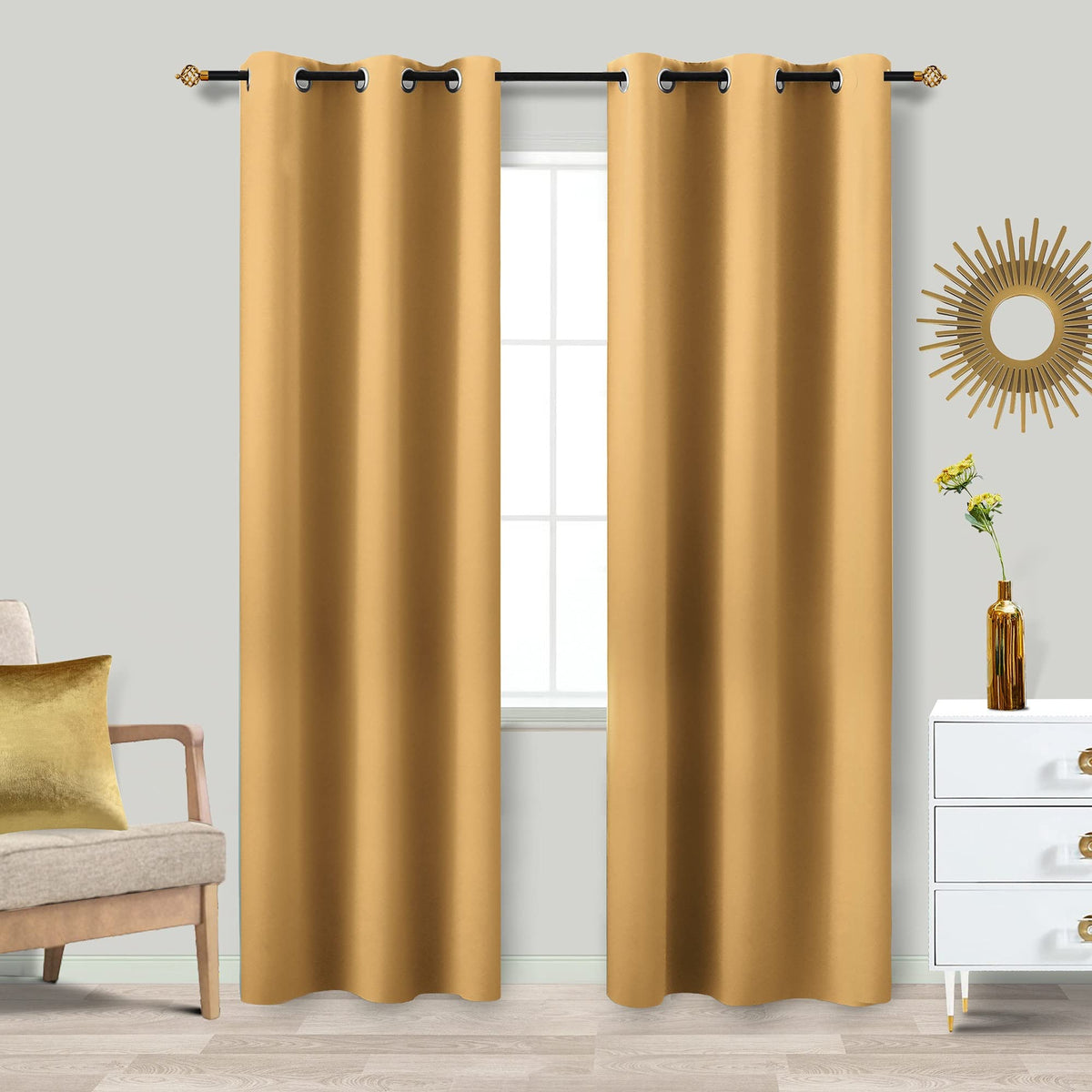 Gold Blackout Curtains For Living Room,2 Panels Set Christmas Decor Room Darkening Thermal Insulated Sun Blocking Grommet Window