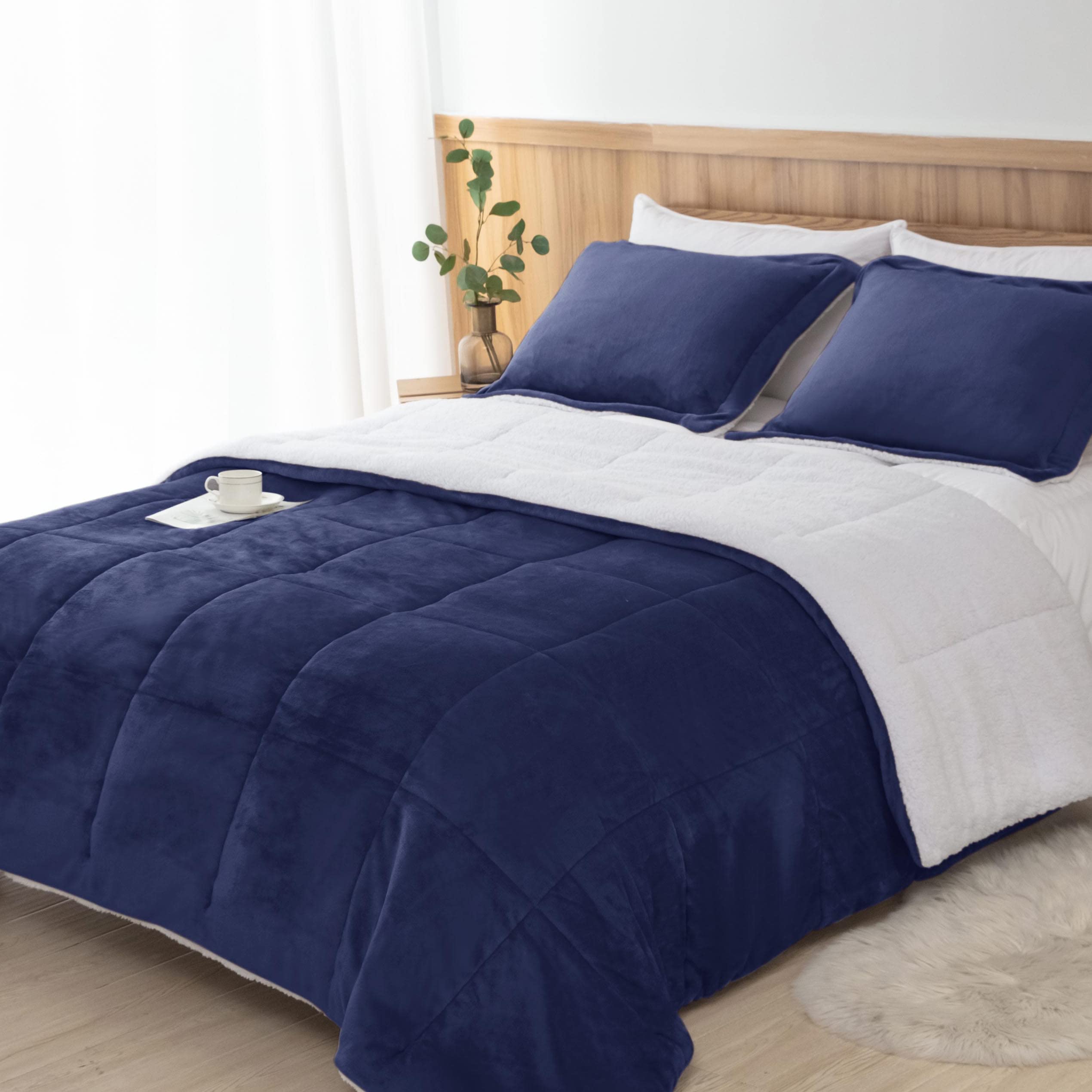 Seward Park Navy Blue Sherpa Comforter Set King Size, All Season Soft Warm Fleece Blanket, Winter Bedding Sets With 2 Pillow Sha