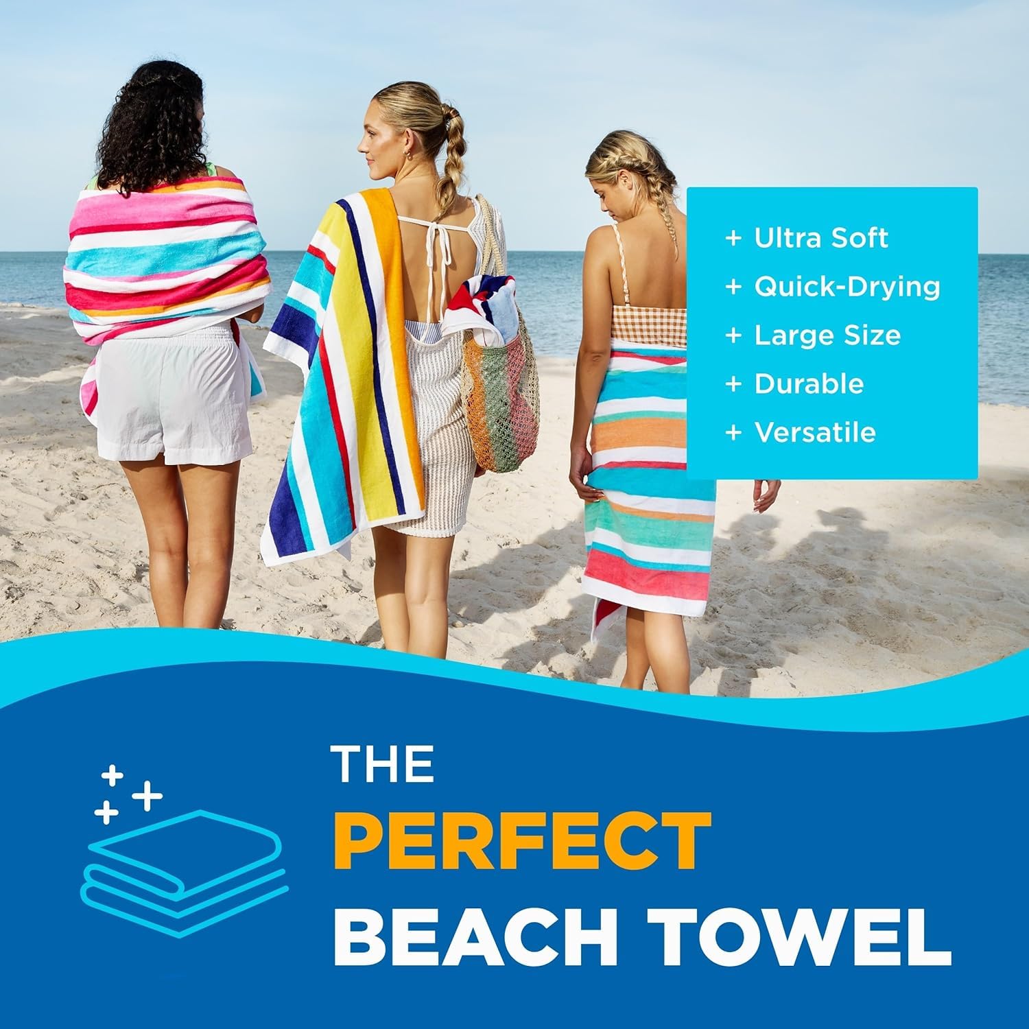 Kaufman - Joey Velour Colored Classic Multi-Color Stripe Beach & Pool Towel - Large 100% Combed Cotton Beach Towel - Soft & Abso