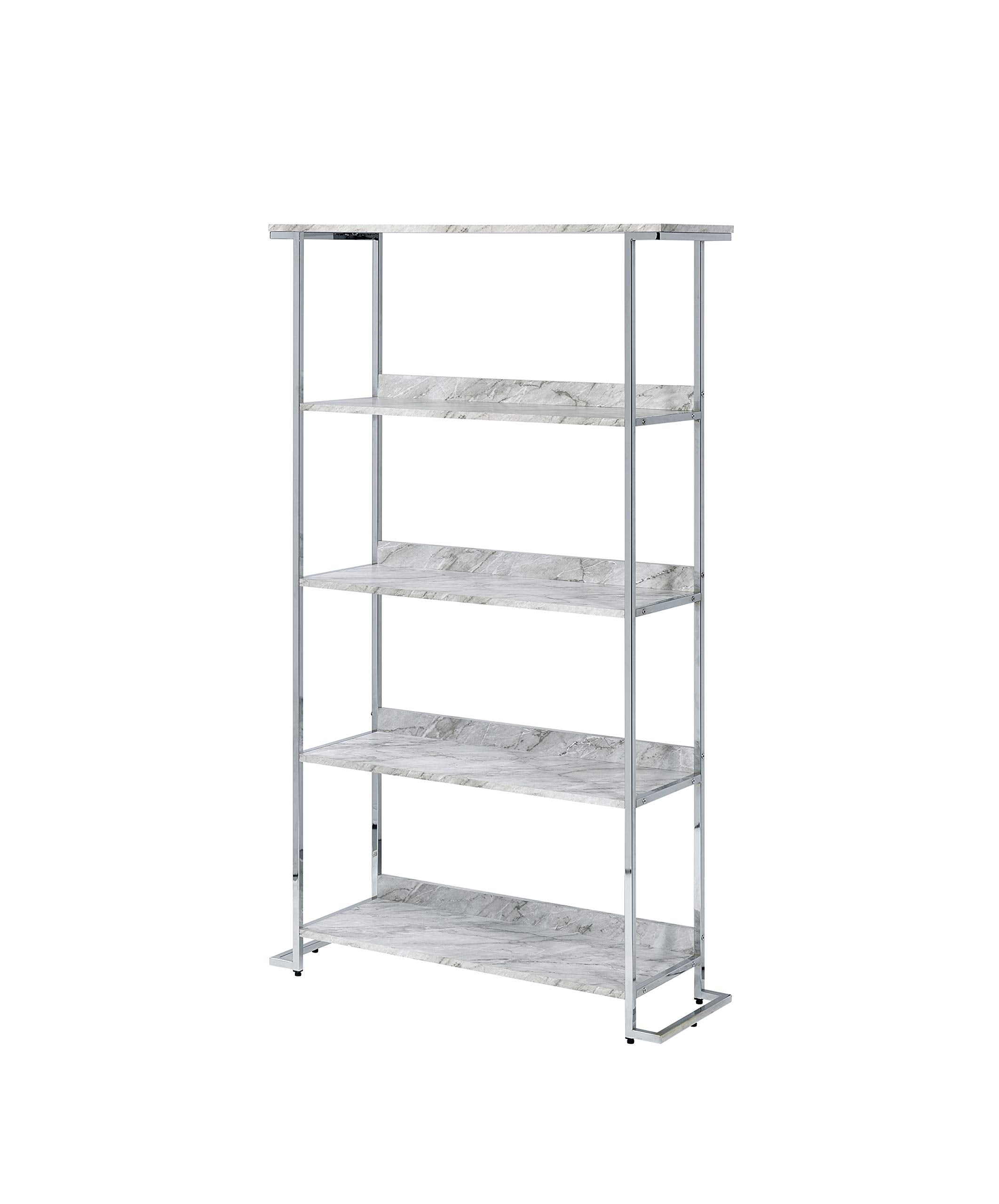 Acme Visage 5 Faux Marble Tiers Bookcase with Metal Frame in White and Chrome