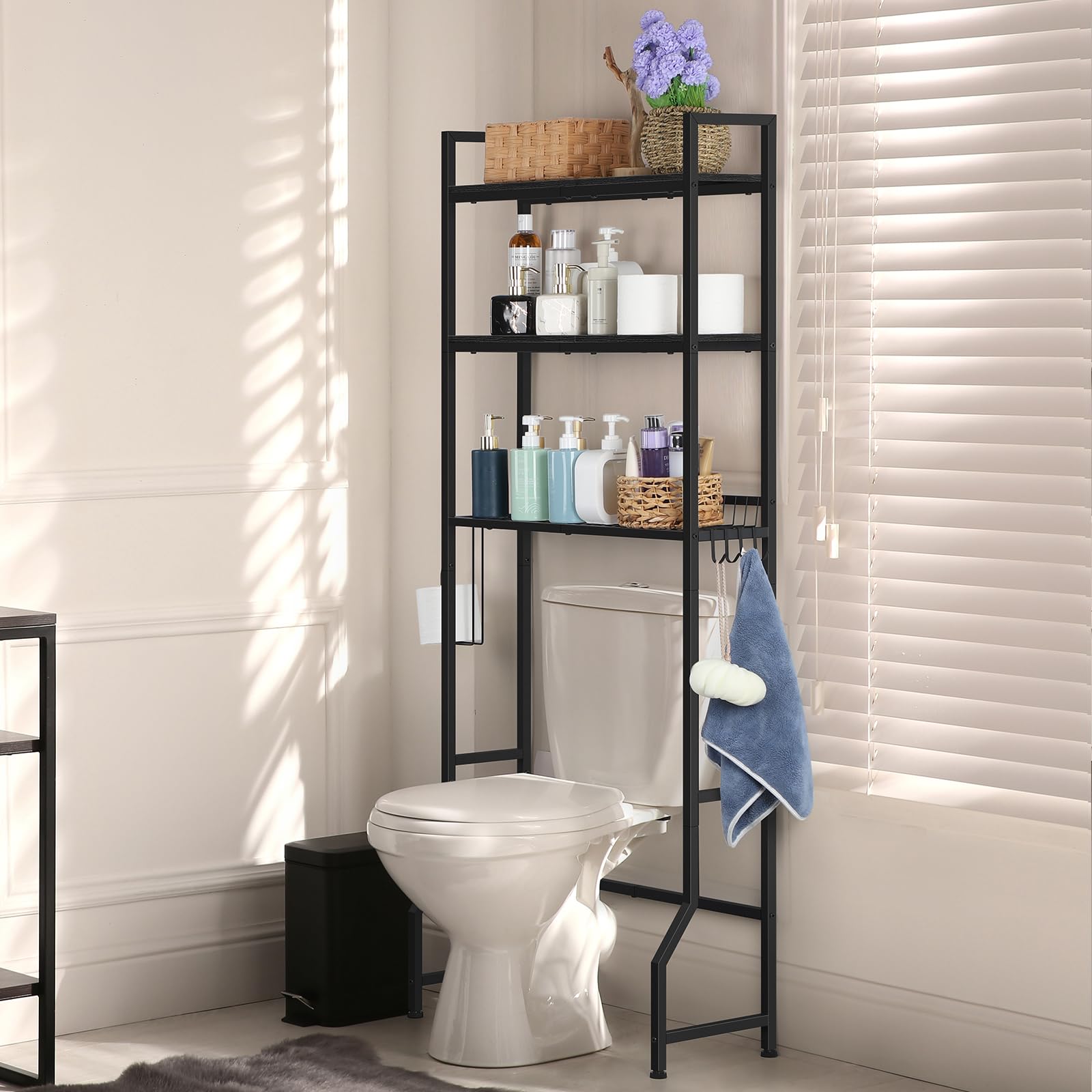 Over The Toilet Storage Over Toilet Rack Bathroom Organizer 3 Tier Toilet Shelf with 4 Hooks and Toilet Paper Holder Freestandin