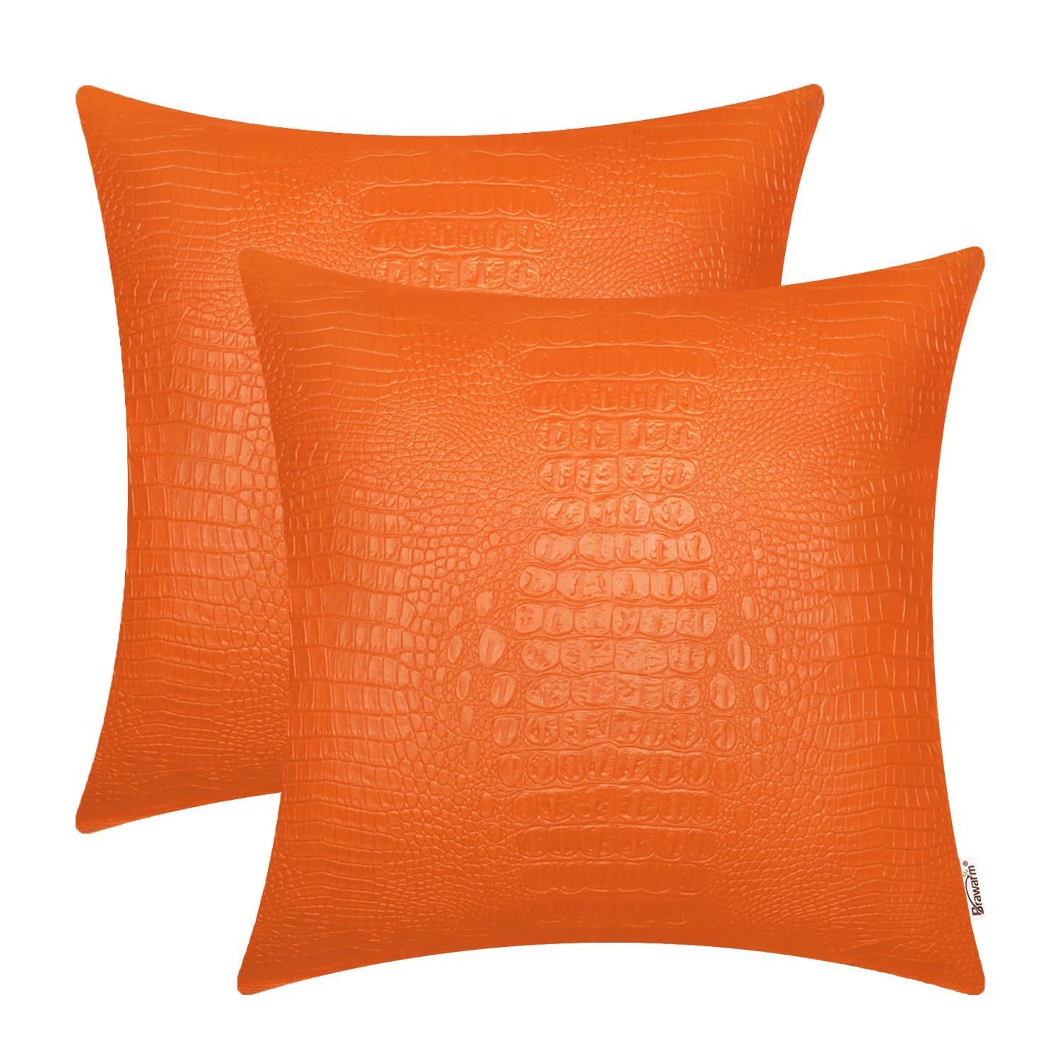 Brawarm Faux Leather Pillow Covers 22 X 22 Inches, Orange Leather Pillow Covers Pack Of 2, Crocodile Leather Decorative Throw Pi