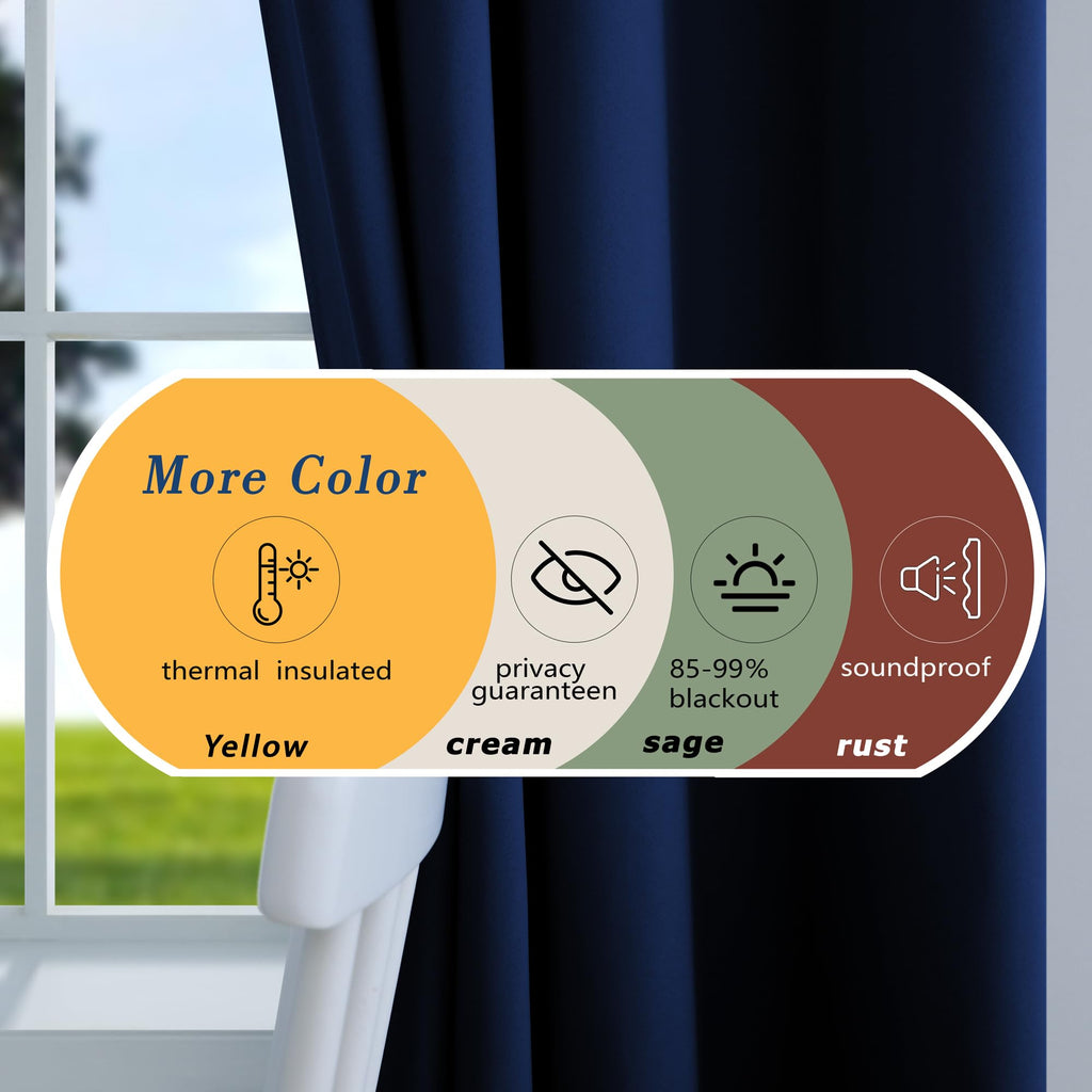 Mrs.Naturall Navy Blue Curtains 42X54 Inch Length For Living Room 2 Panels Blackout Room Darkening Curtain For Bedroom