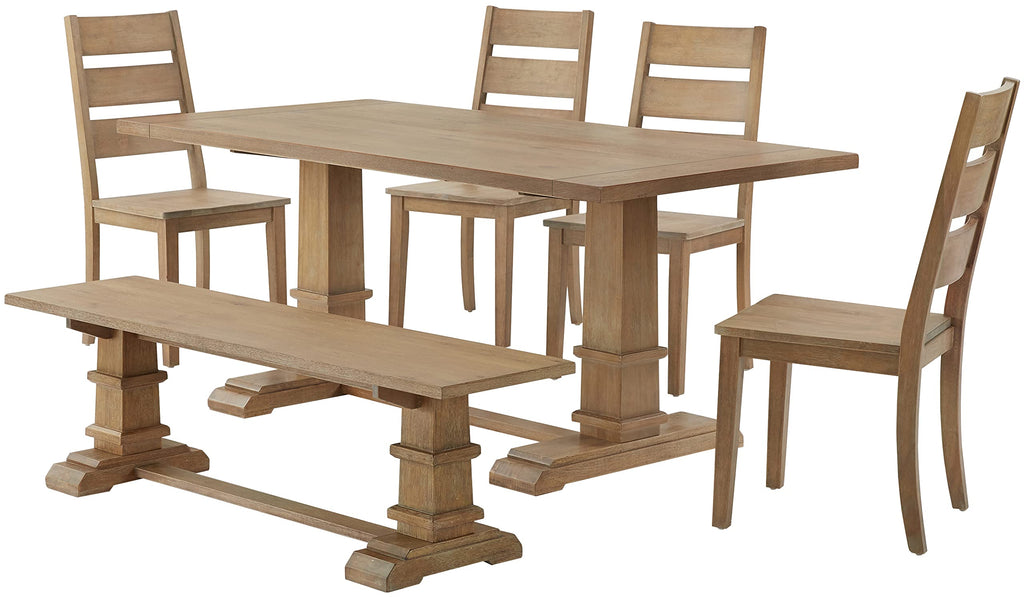 Crosley Furniture Joanna 6-Piece Modern Farmhouse Dining Table Set for 7 with 4 Ladderback Chairs and a Bench, Rustic Brown