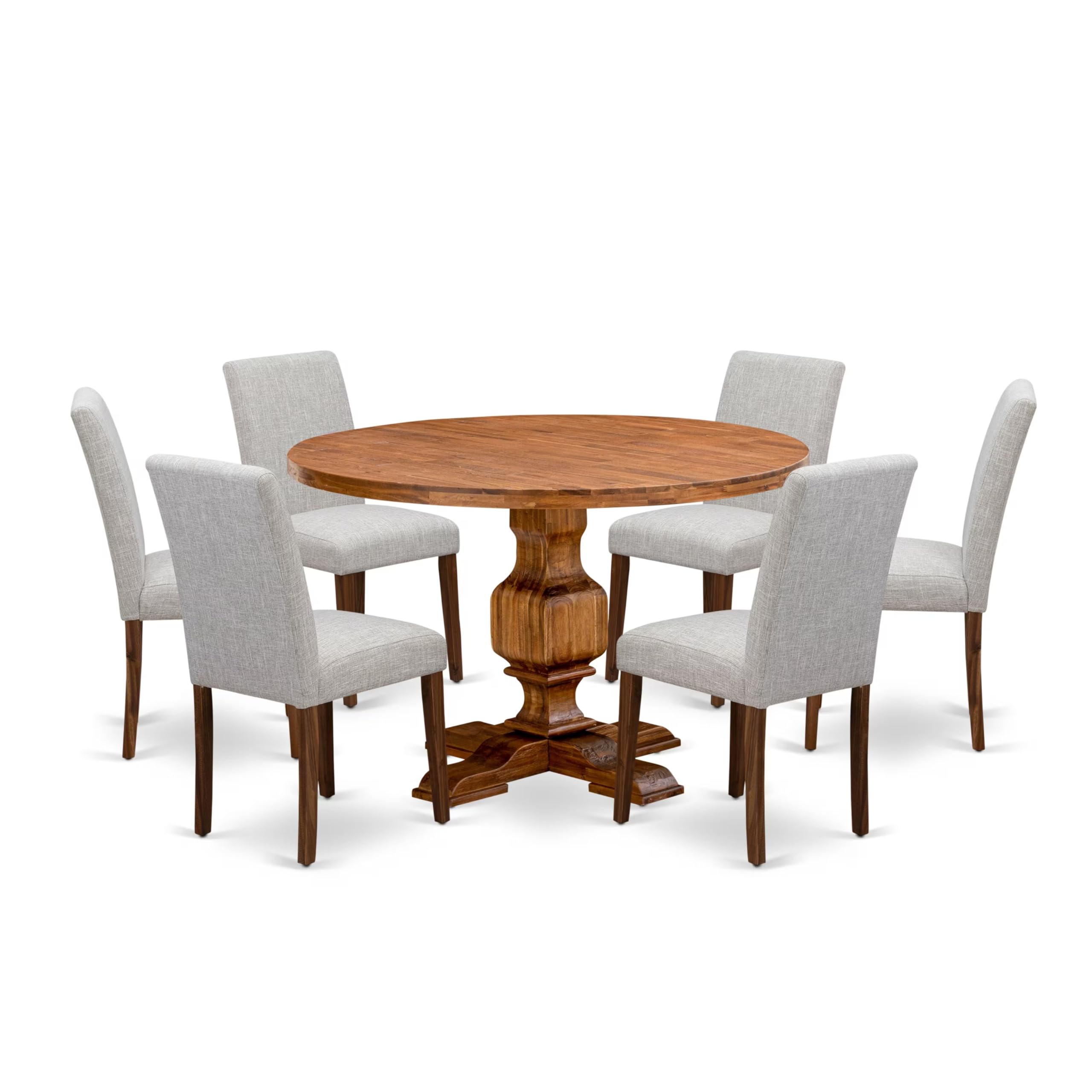 East West Furniture I3AB7-N35 7 Piece Dining Set Consist of a Round Dining Room Table with Pedestal and 6 Doeskin Linen Fabric Upholstered Parson Chairs, 48x48 Inch, Antique Walnut
