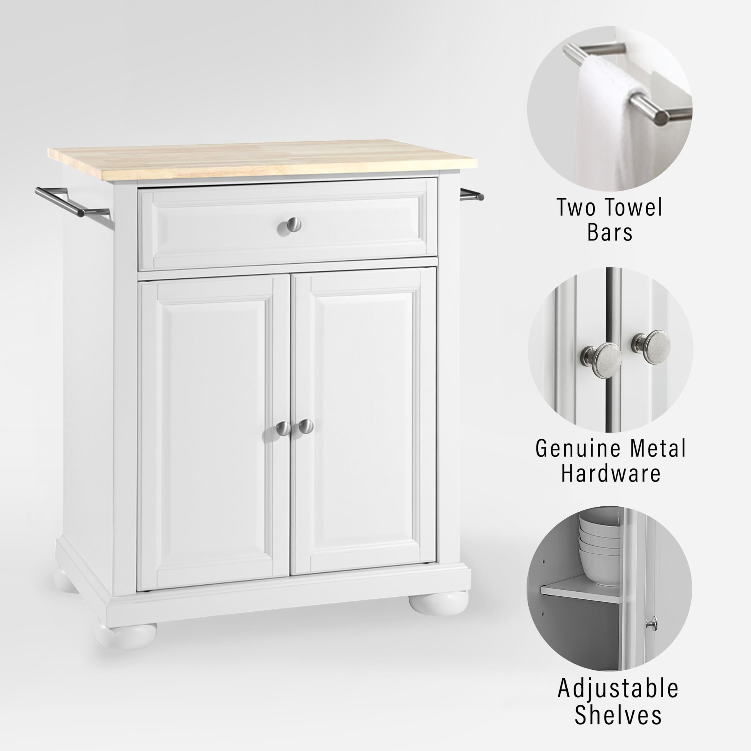Crosley Furniture Alexandria Wood Top Small Portable Rolling Kitchen Island Storage Cart, Microwave Stand, White